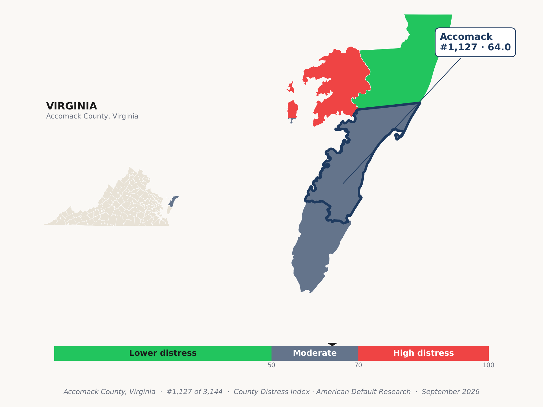 County Distress Index cluster map. Accomack County, Virginia and its neighbors colored by county distress score label.