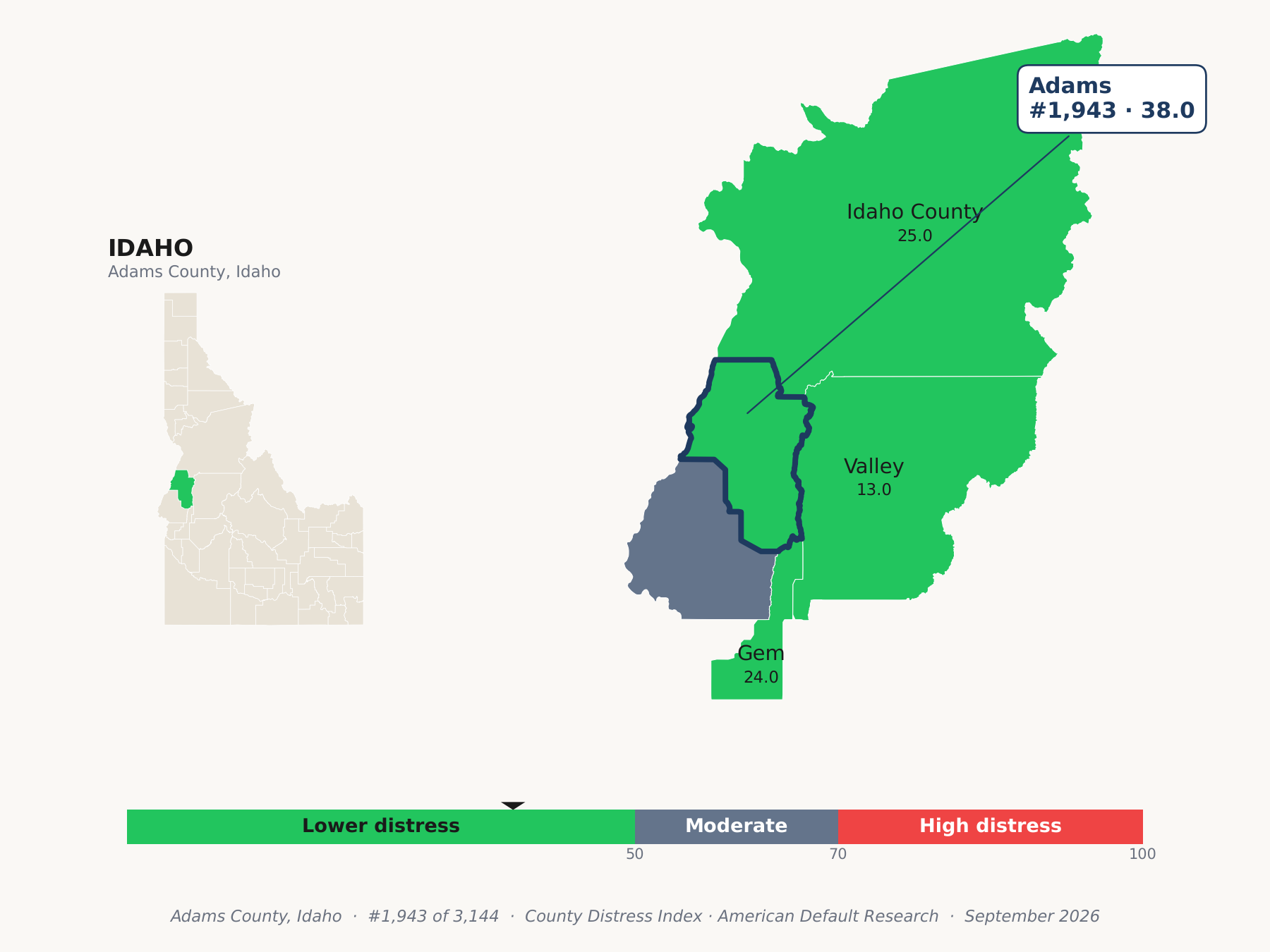 County Distress Index cluster map. Adams County, Idaho and its neighbors colored by county distress score label.