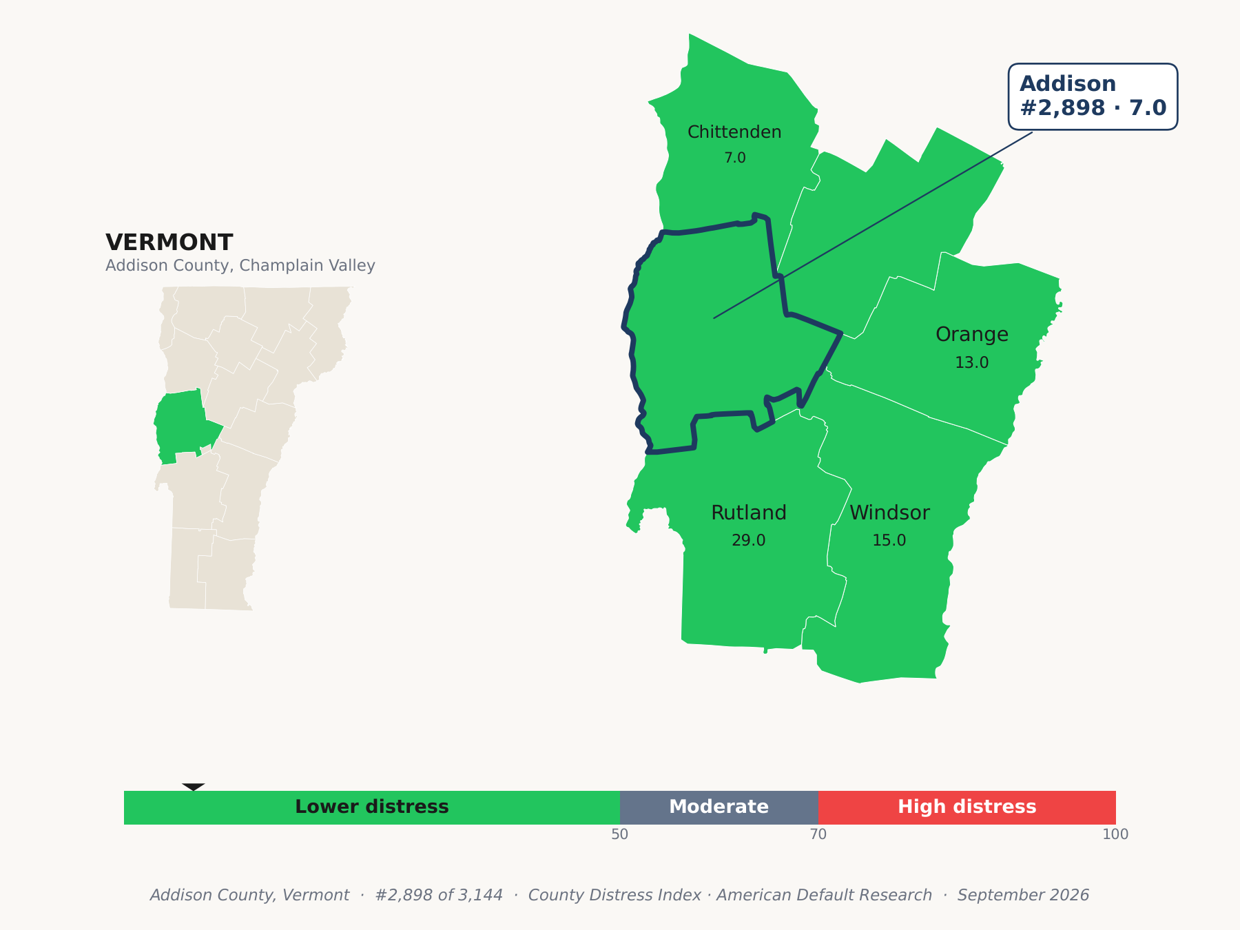 County Distress Index cluster map. Addison County, Vermont and its neighbors colored by county distress score label.