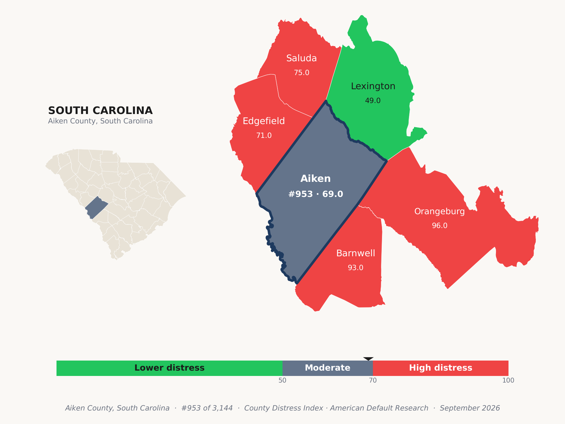 County Distress Index cluster map. Aiken County, South Carolina and its neighbors colored by county distress score label.