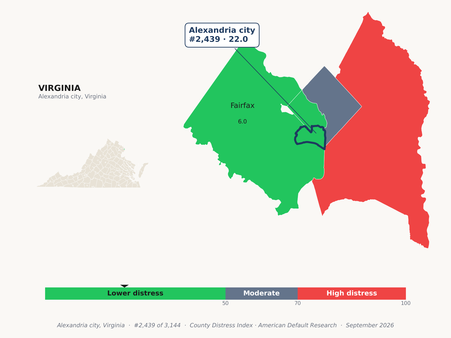 County Distress Index cluster map. Alexandria city, Virginia and its neighbors colored by county distress score label.