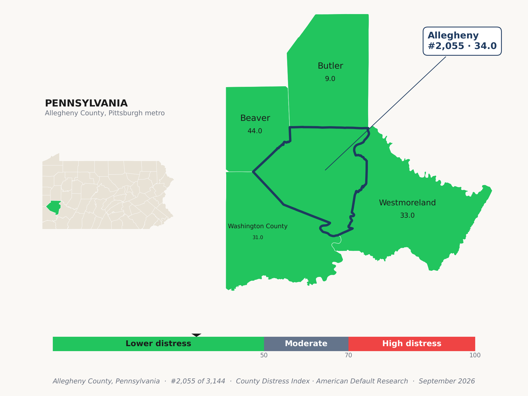 County Distress Index cluster map. Allegheny County, Pennsylvania and its neighbors colored by county distress score label.