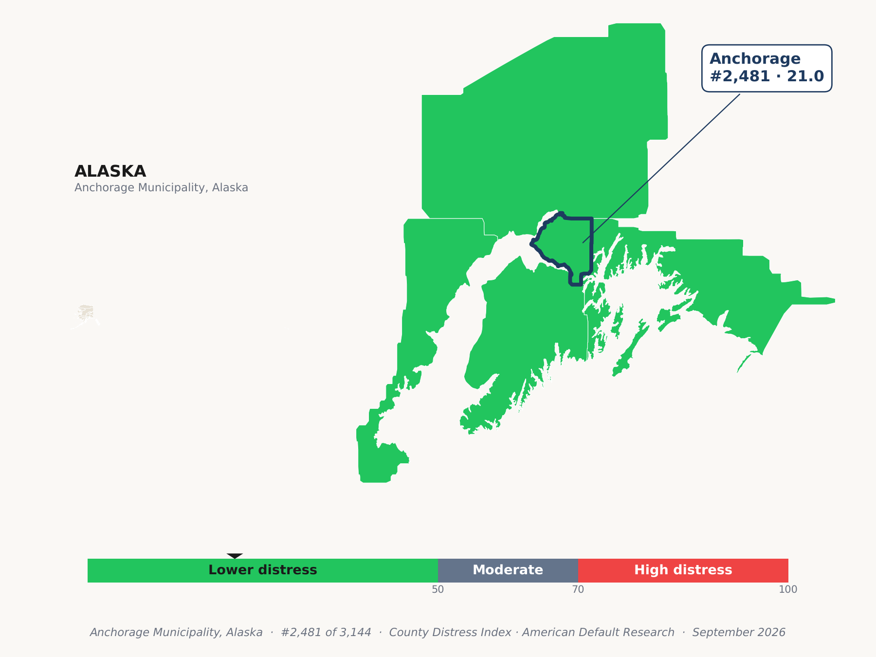 County Distress Index cluster map. Anchorage Municipality, Alaska and its neighbors colored by county distress score label.