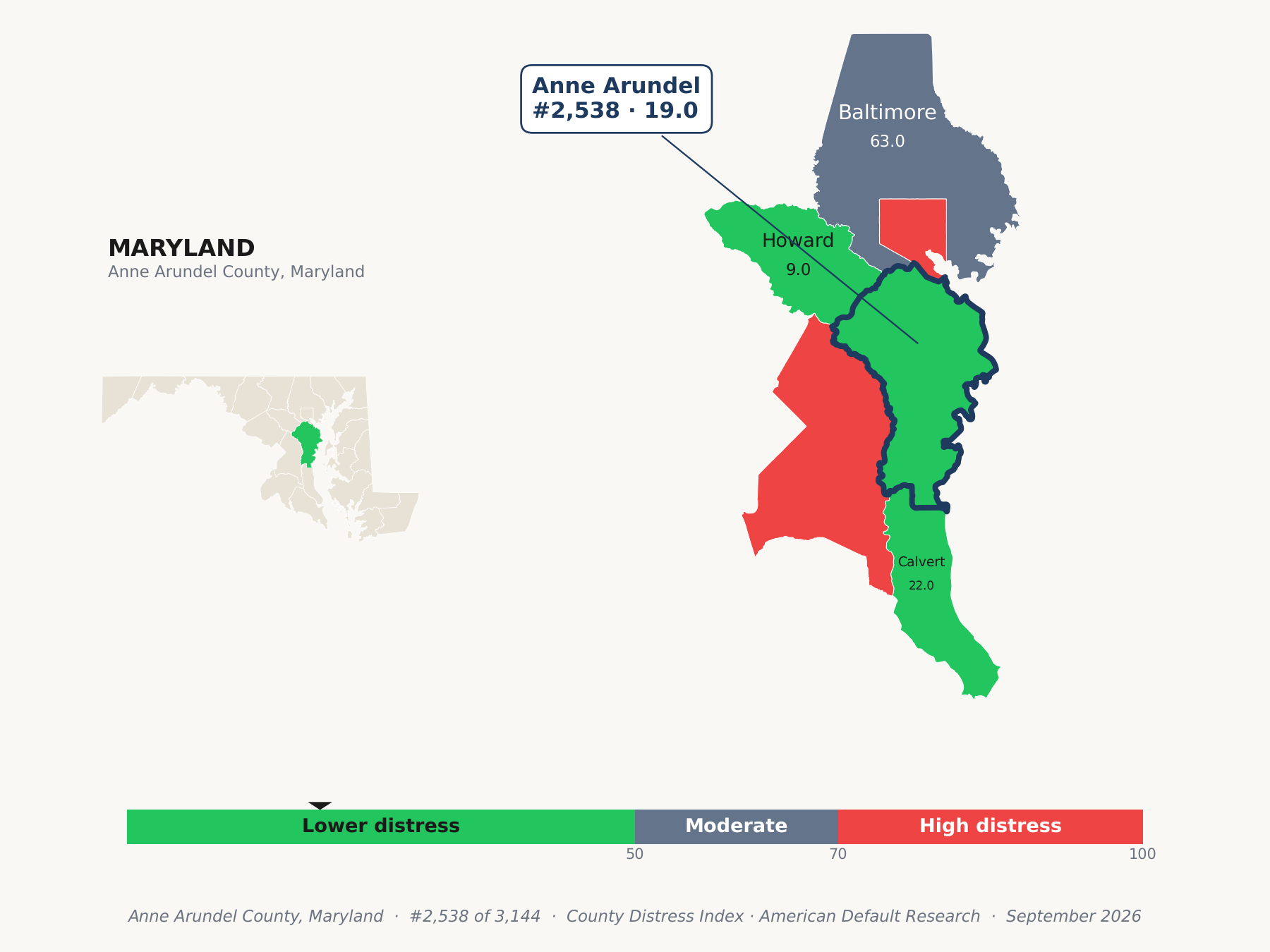 County Distress Index cluster map. Anne Arundel County, Maryland and its neighbors colored by county distress score label.