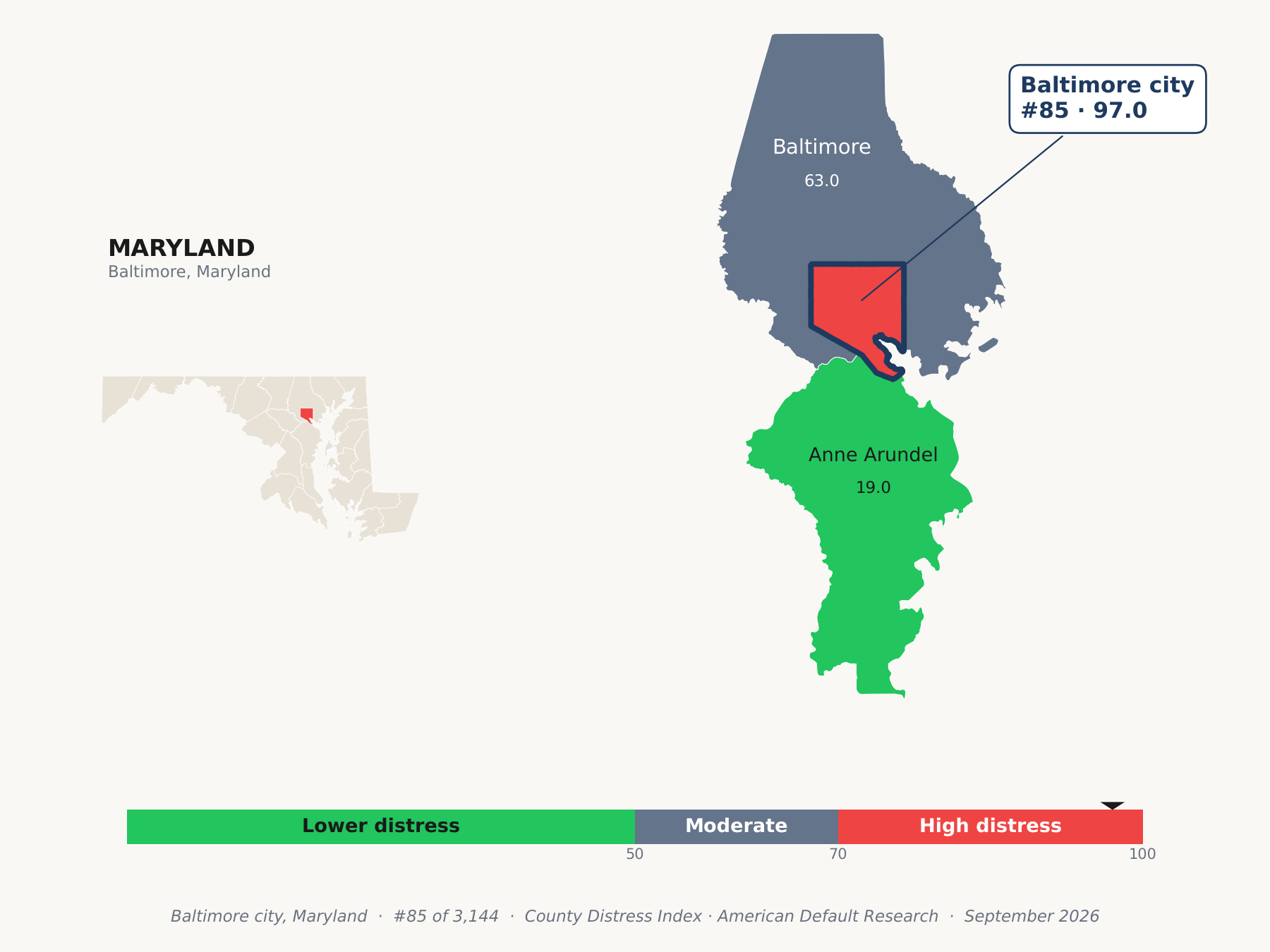 County Distress Index cluster map. Baltimore city, Maryland and its neighbors colored by county distress score label.