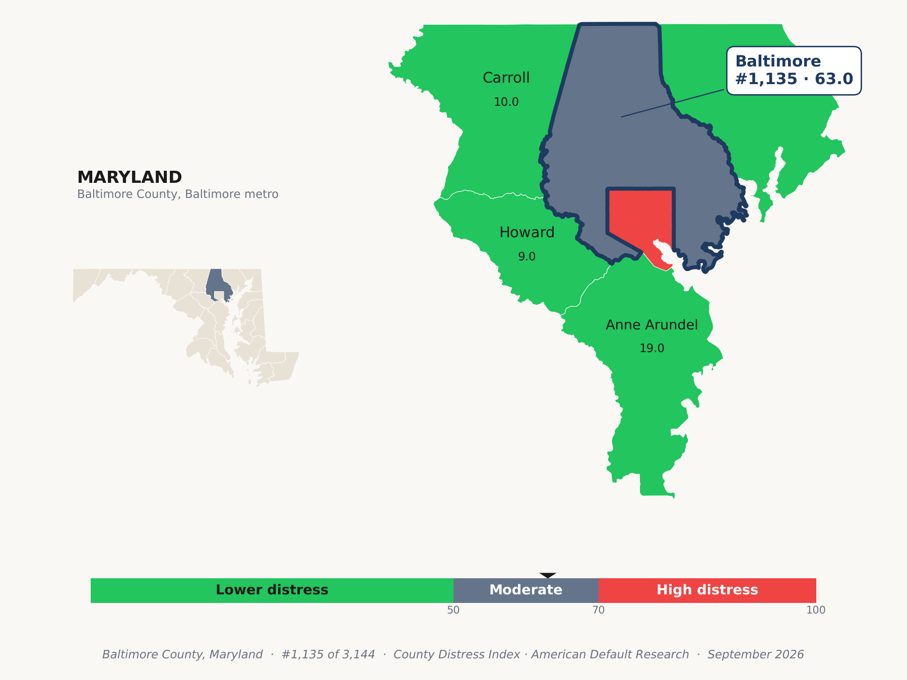 County Distress Index cluster map. Baltimore County, Maryland and its neighbors colored by county distress score label.