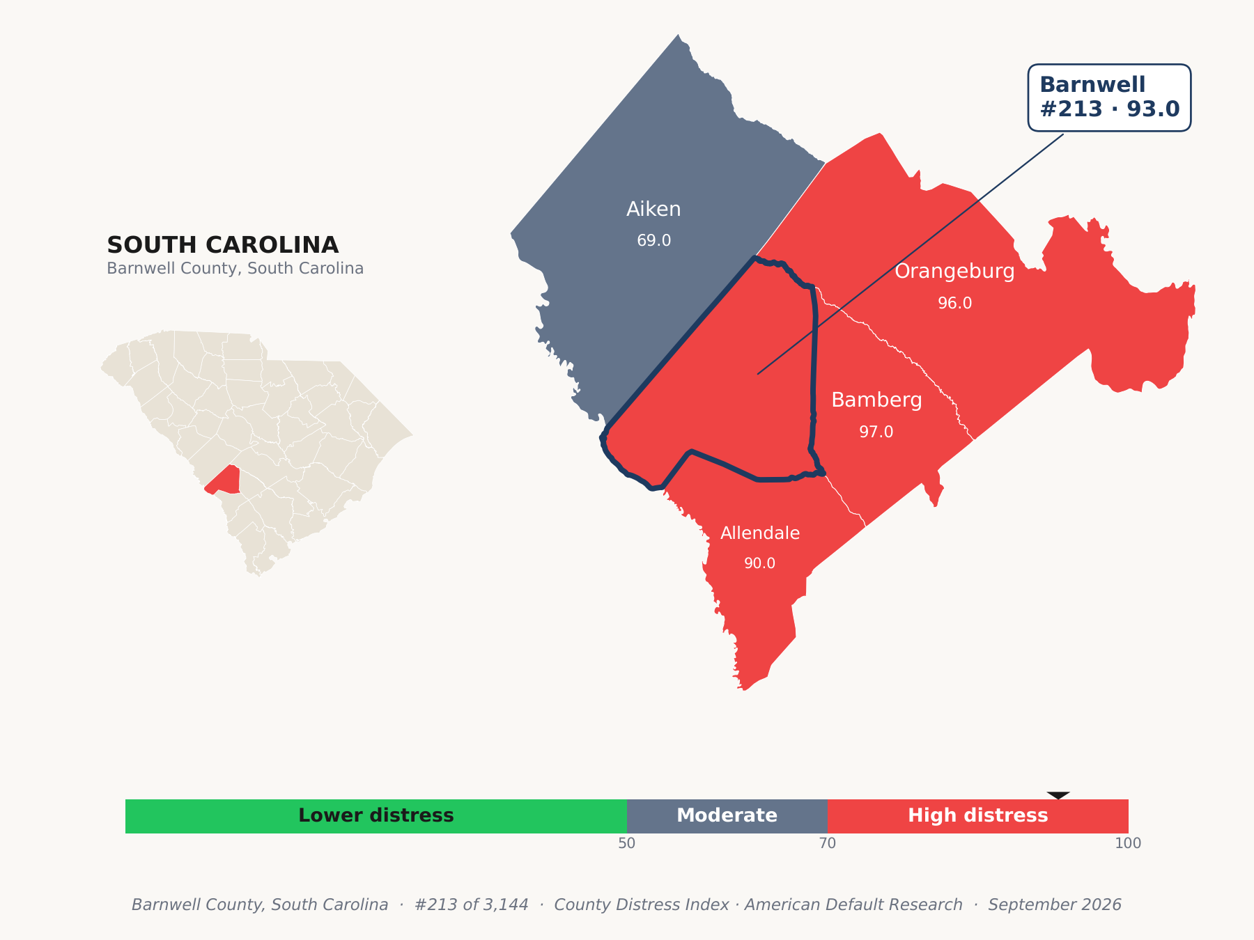 County Distress Index cluster map. Barnwell County, South Carolina and its neighbors colored by county distress score label.