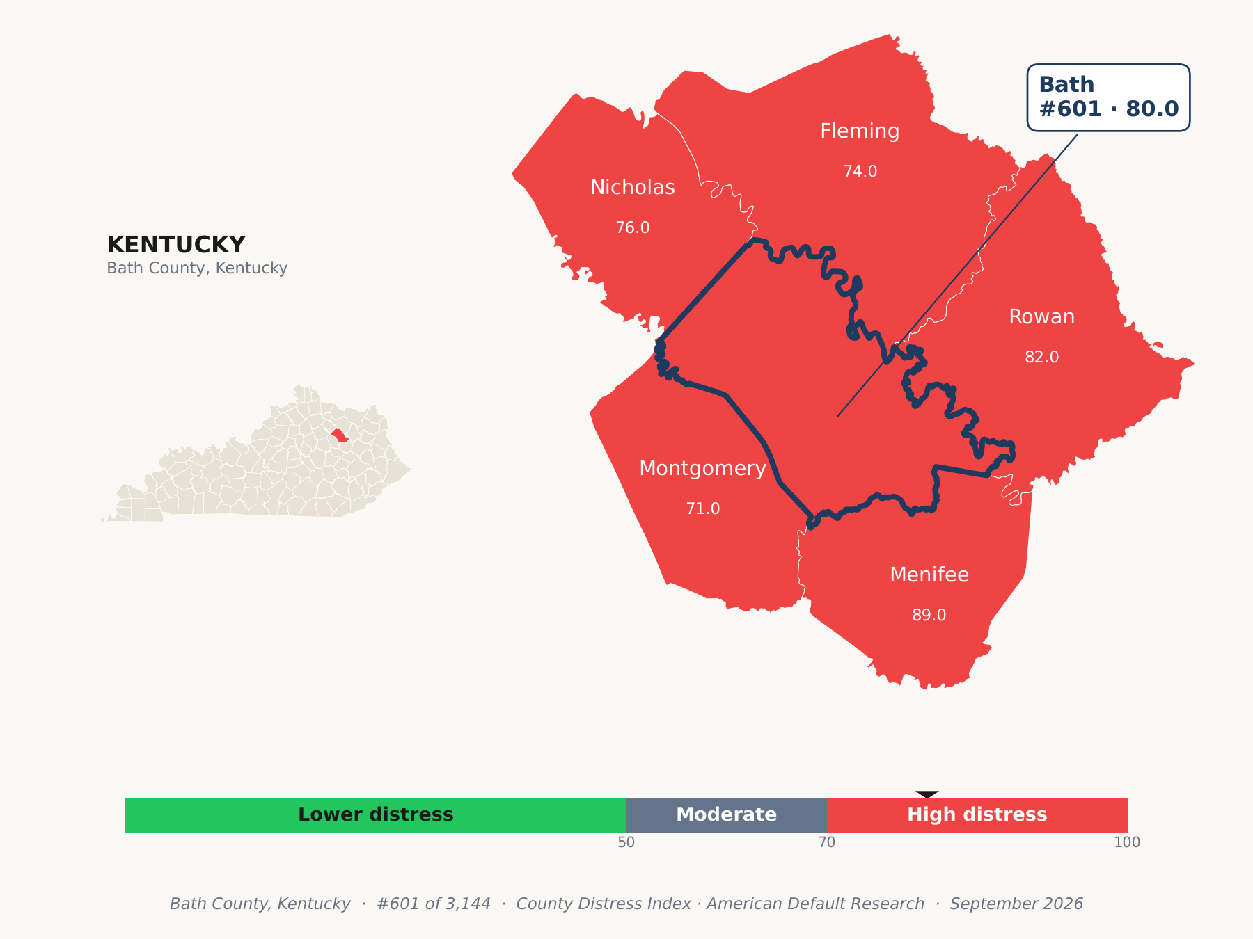 County Distress Index cluster map. Bath County, Kentucky and its neighbors colored by county distress score label.