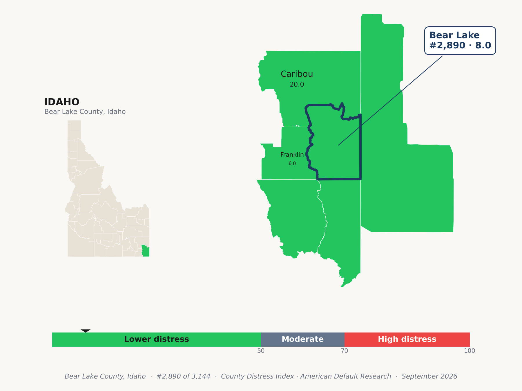 County Distress Index cluster map. Bear Lake County, Idaho and its neighbors colored by county distress score label.