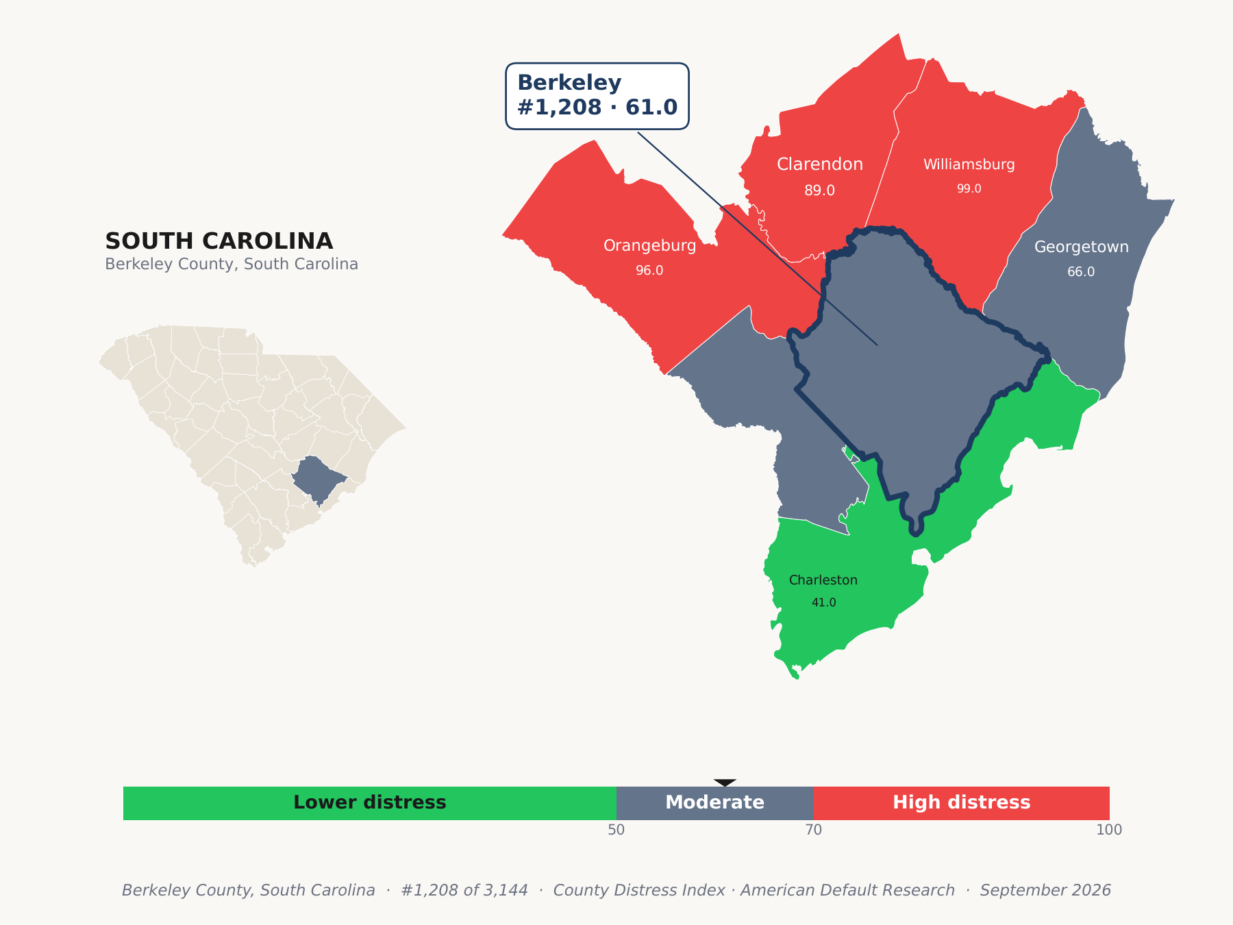 County Distress Index cluster map. Berkeley County, South Carolina and its neighbors colored by county distress score label.