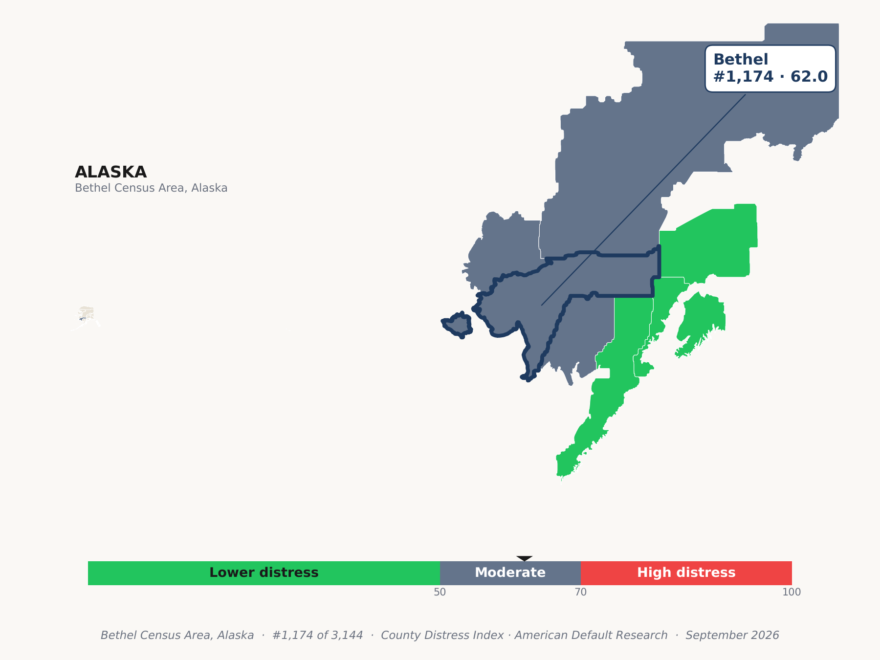 County Distress Index cluster map. Bethel Census Area, Alaska and its neighbors colored by county distress score label.