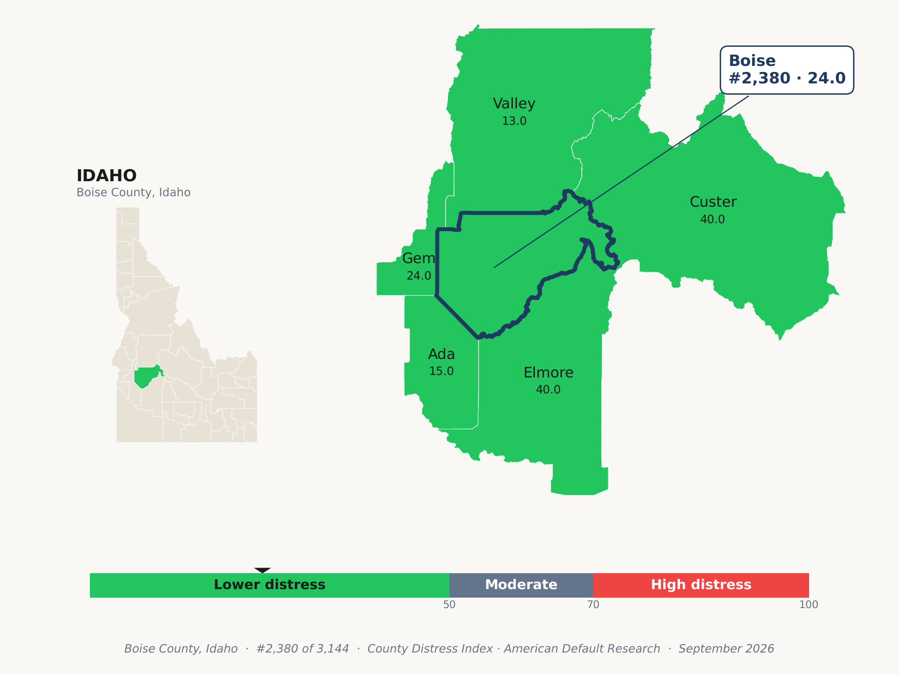 County Distress Index cluster map. Boise County, Idaho and its neighbors colored by county distress score label.