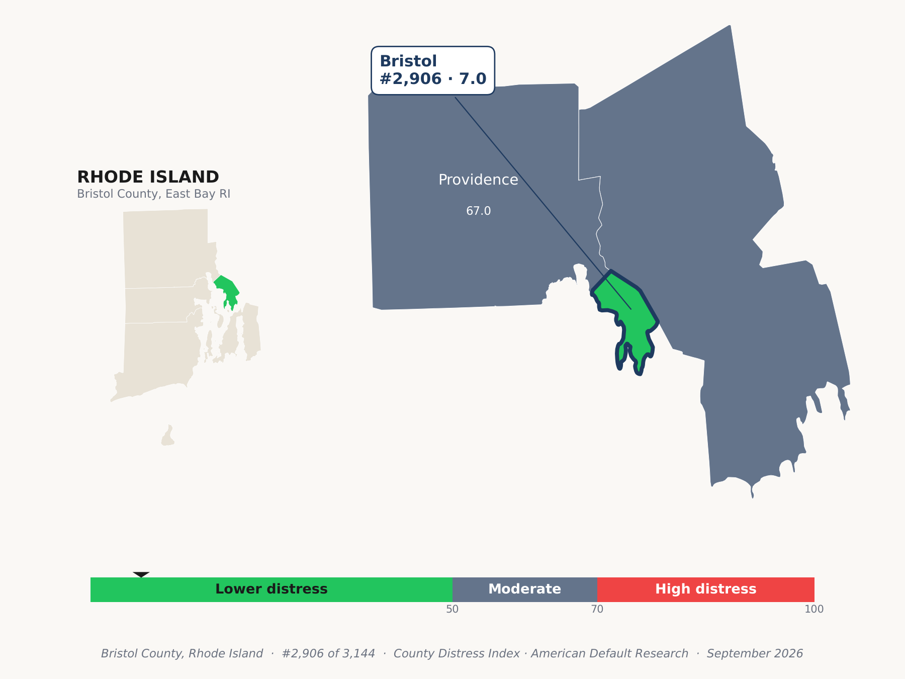 County Distress Index cluster map. Bristol County, Rhode Island and its neighbors colored by county distress score label.
