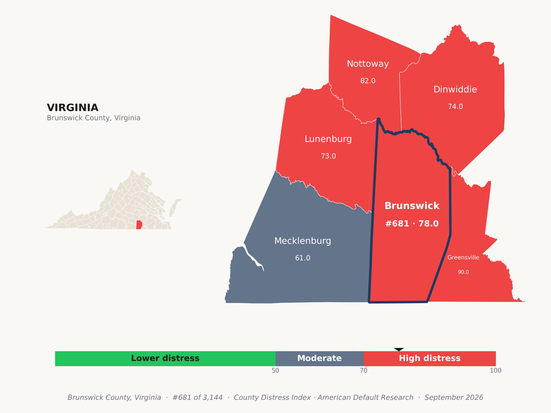 County Distress Index cluster map. Brunswick County, Virginia and its neighbors colored by county distress score label.