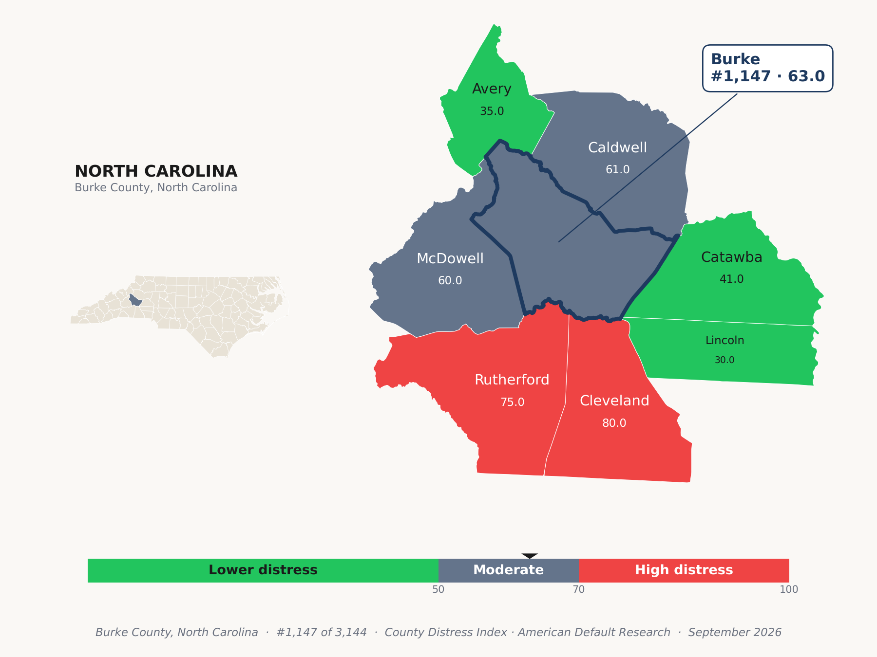 County Distress Index cluster map. Burke County, North Carolina and its neighbors colored by county distress score label.