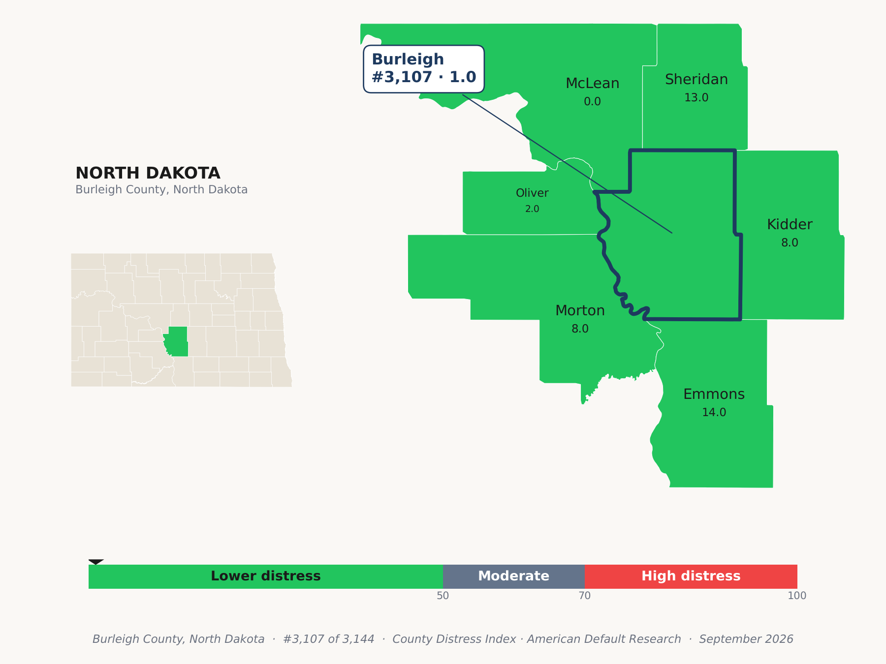 County Distress Index cluster map. Burleigh County, North Dakota and its neighbors colored by county distress score label.