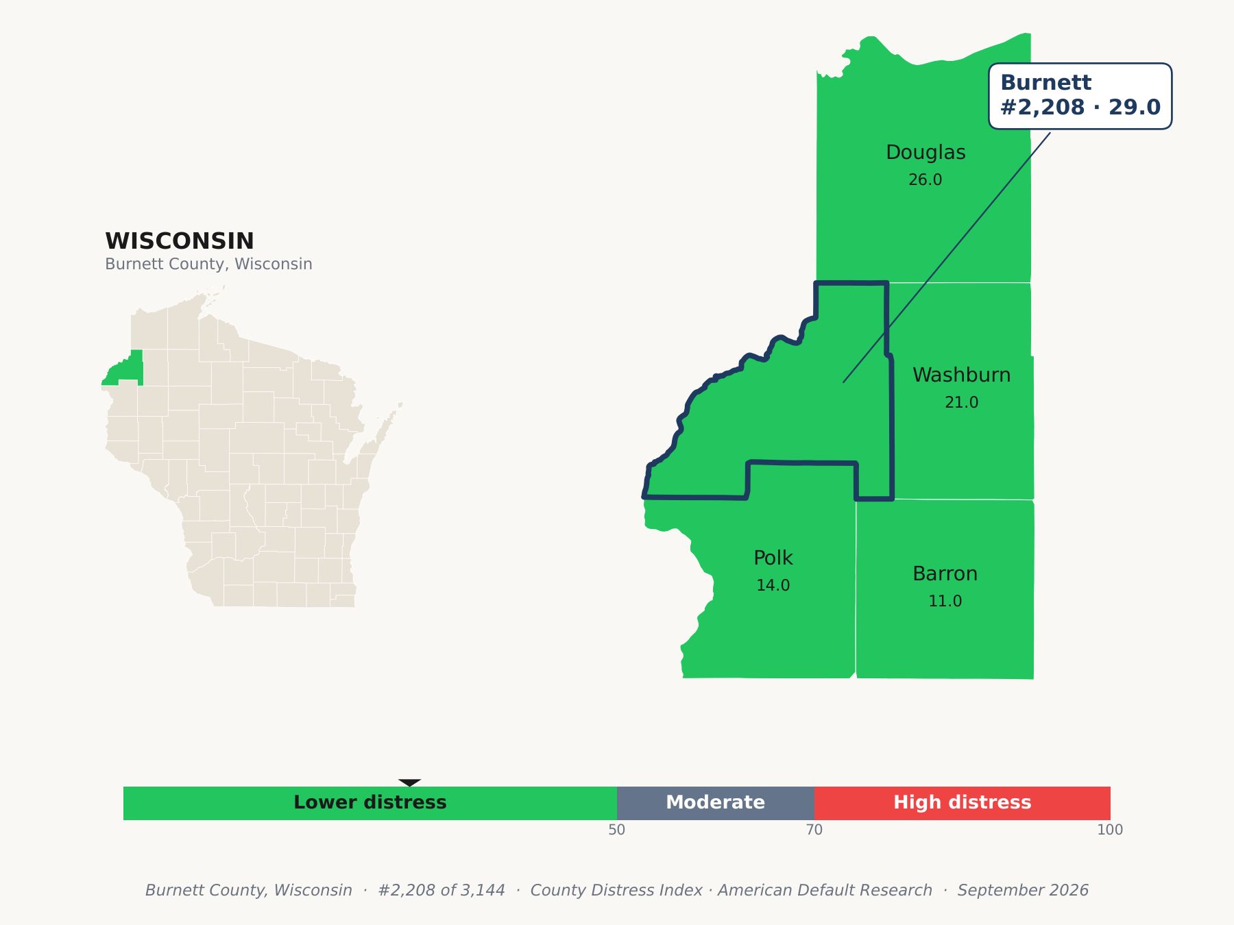 County Distress Index cluster map. Burnett County, Wisconsin and its neighbors colored by county distress score label.