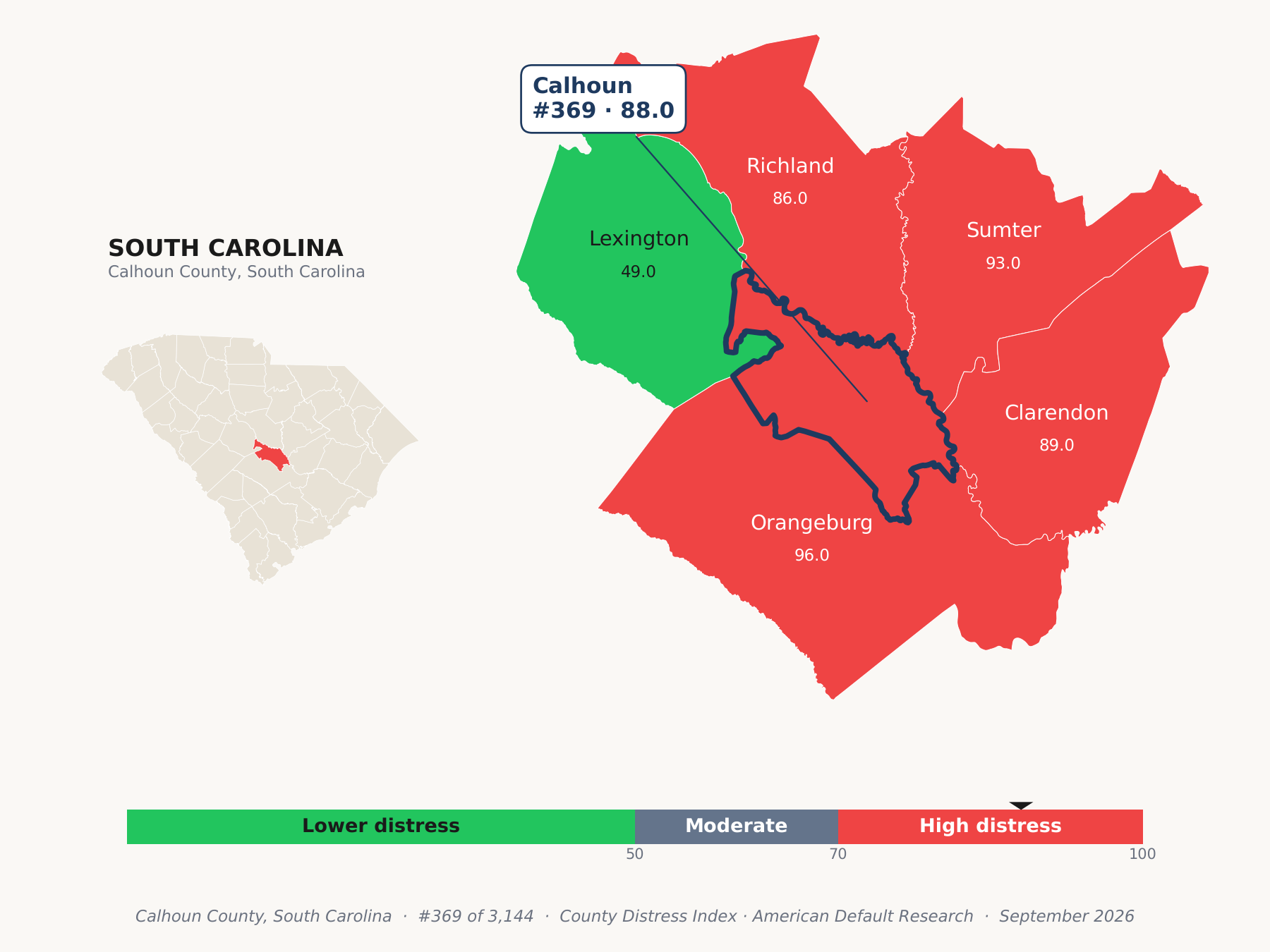 County Distress Index cluster map. Calhoun County, South Carolina and its neighbors colored by county distress score label.