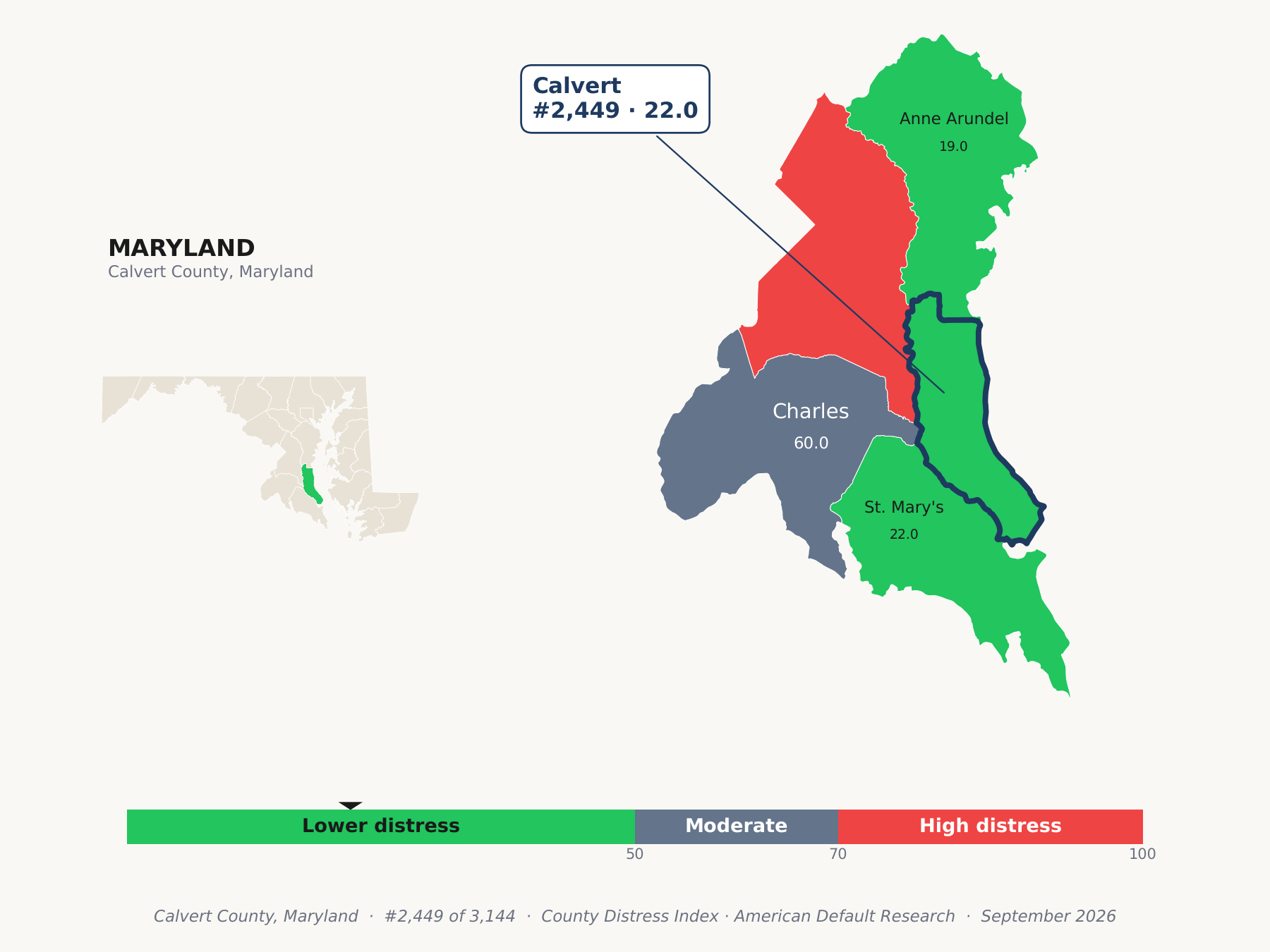 County Distress Index cluster map. Calvert County, Maryland and its neighbors colored by county distress score label.