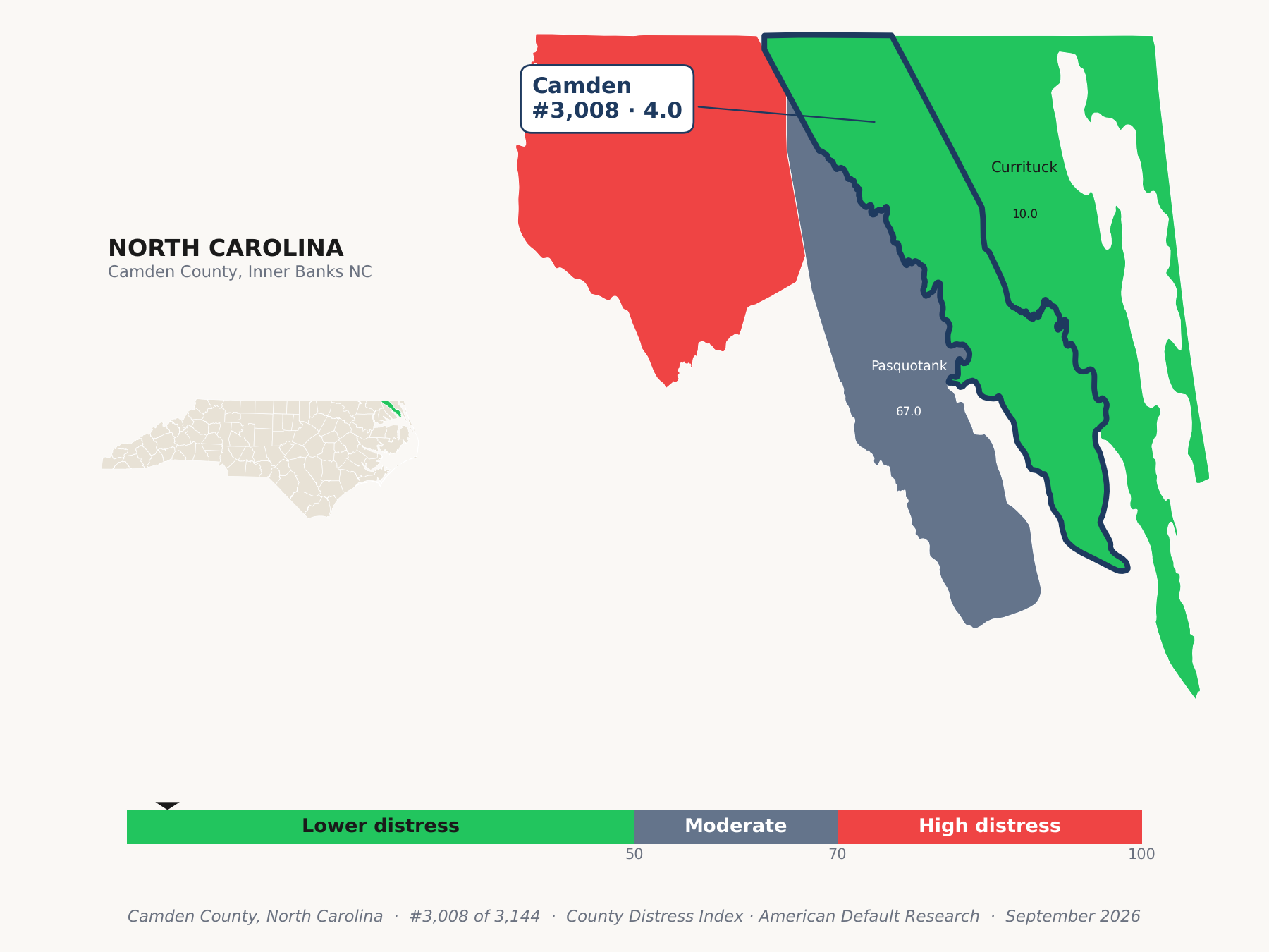 County Distress Index cluster map. Camden County, North Carolina and its neighbors colored by county distress score label.