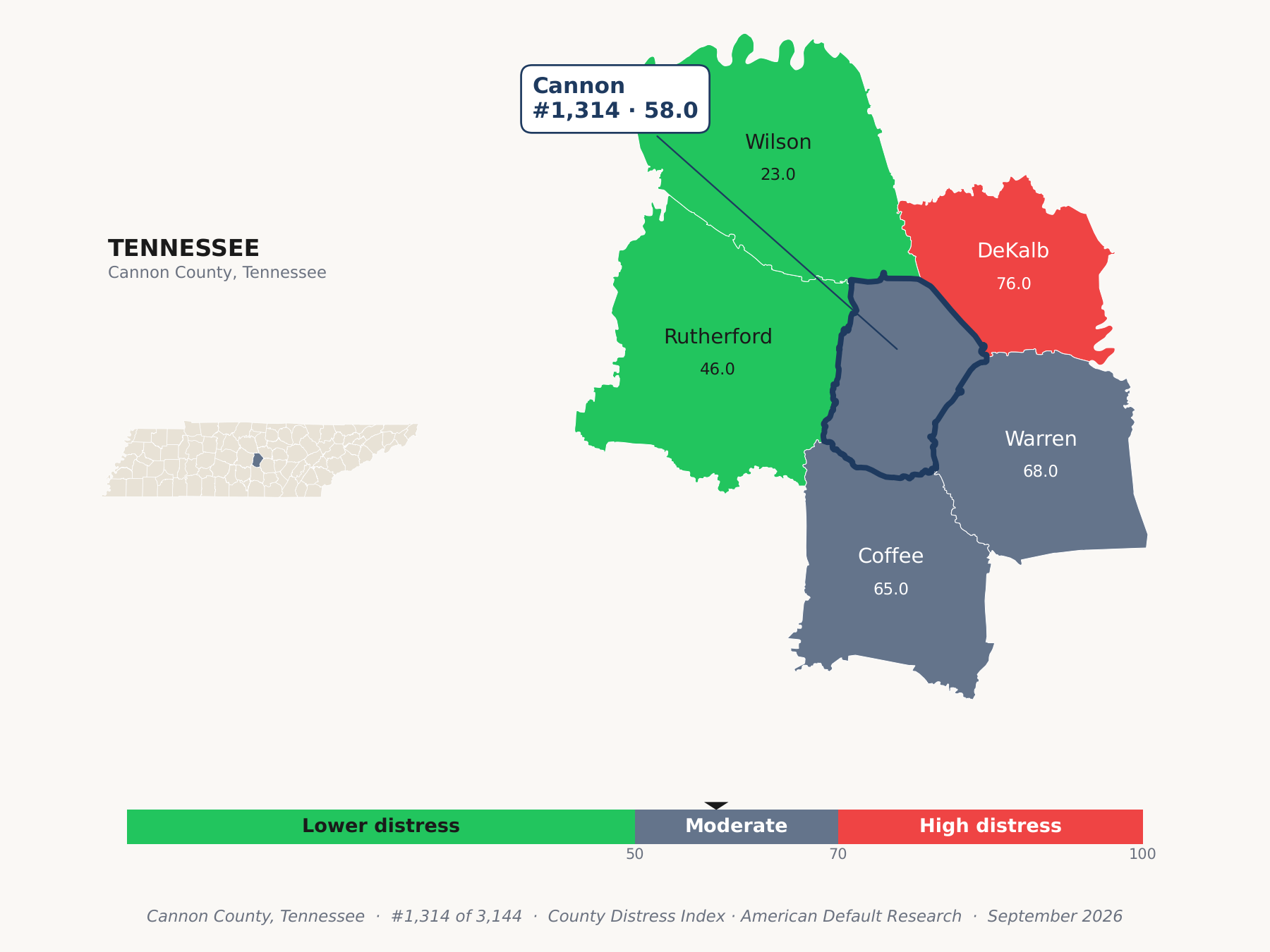 County Distress Index cluster map. Cannon County, Tennessee and its neighbors colored by county distress score label.