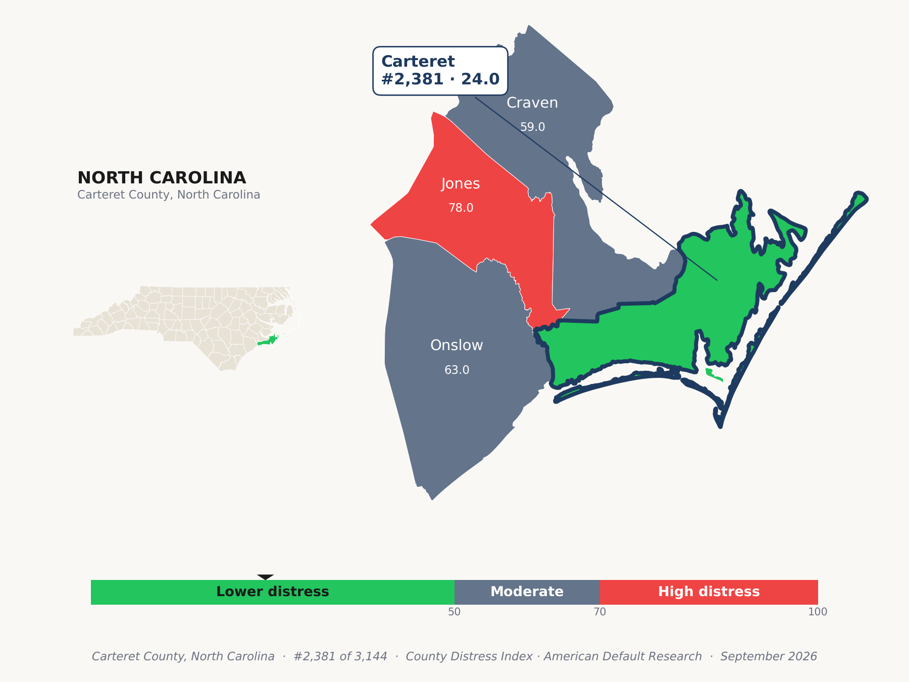 County Distress Index cluster map. Carteret County, North Carolina and its neighbors colored by county distress score label.