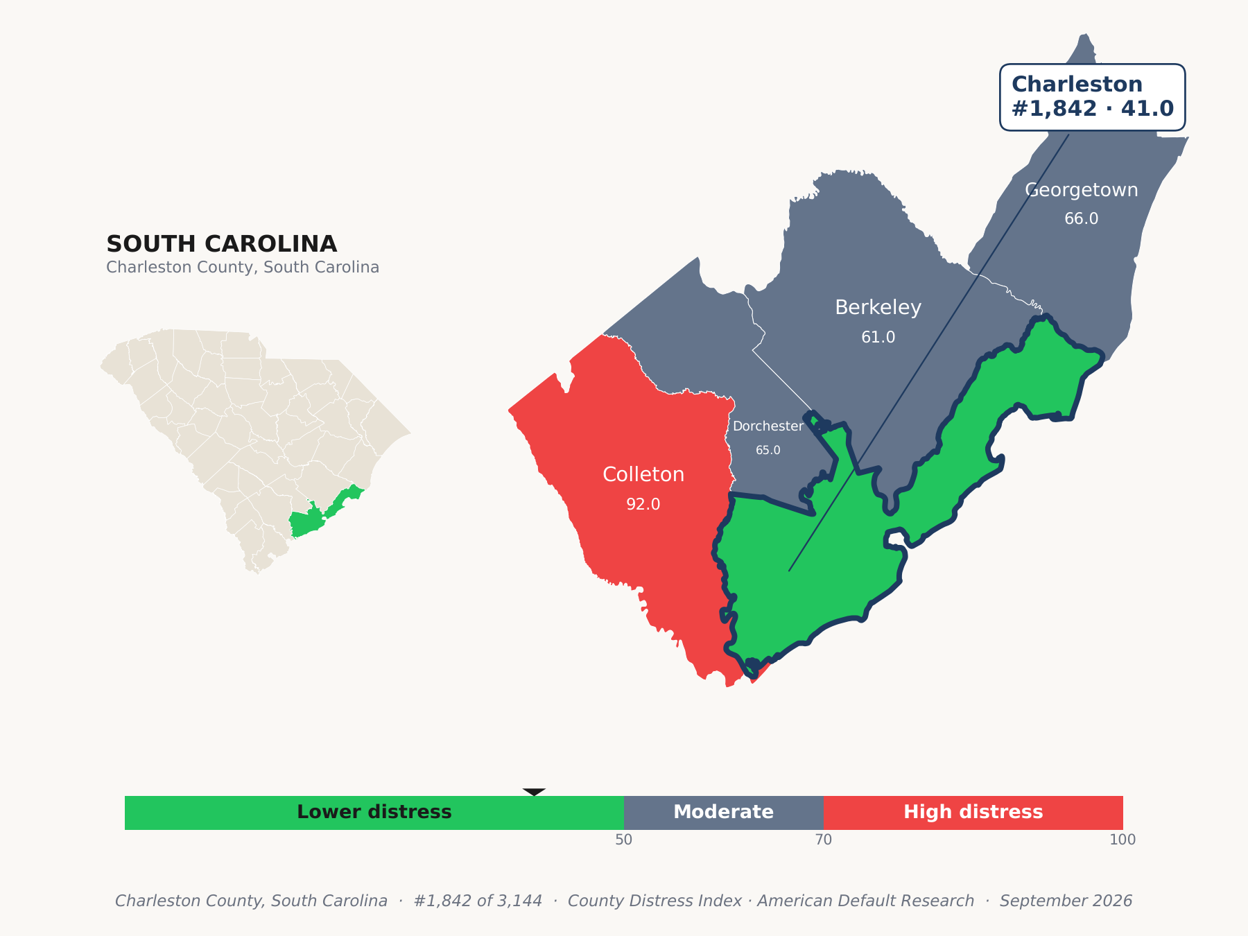 County Distress Index cluster map. Charleston County, South Carolina and its neighbors colored by county distress score label.