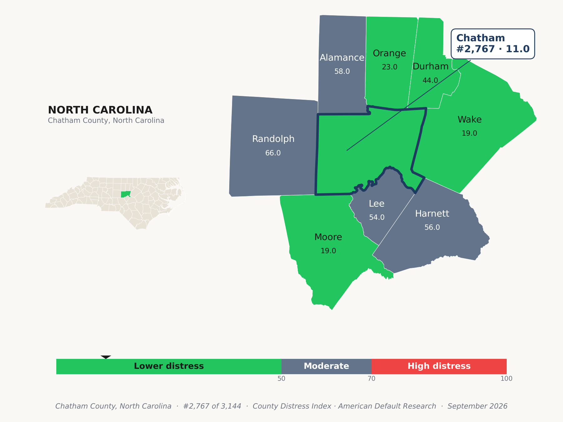 County Distress Index cluster map. Chatham County, North Carolina and its neighbors colored by county distress score label.