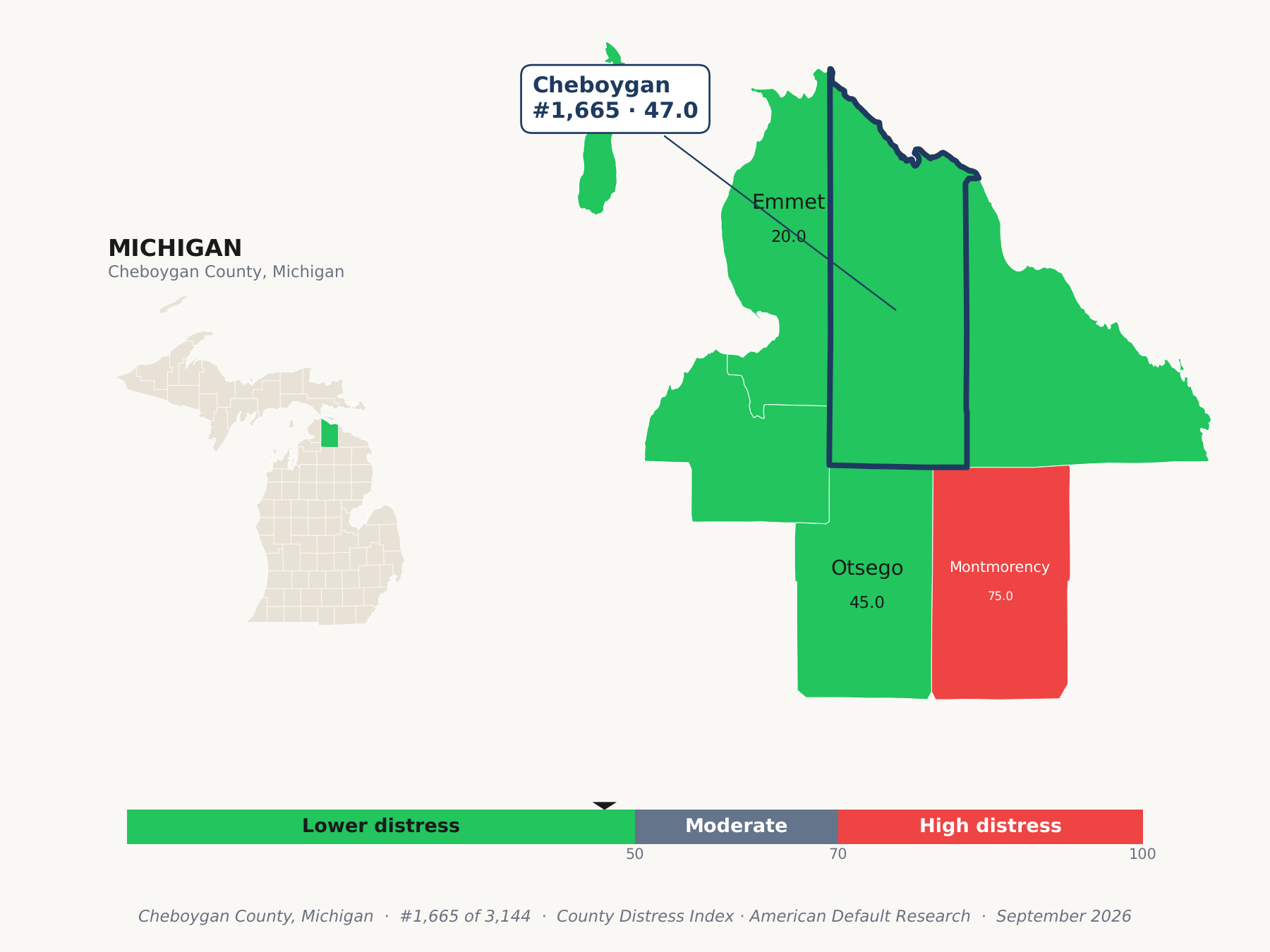 County Distress Index cluster map. Cheboygan County, Michigan and its neighbors colored by county distress score label.