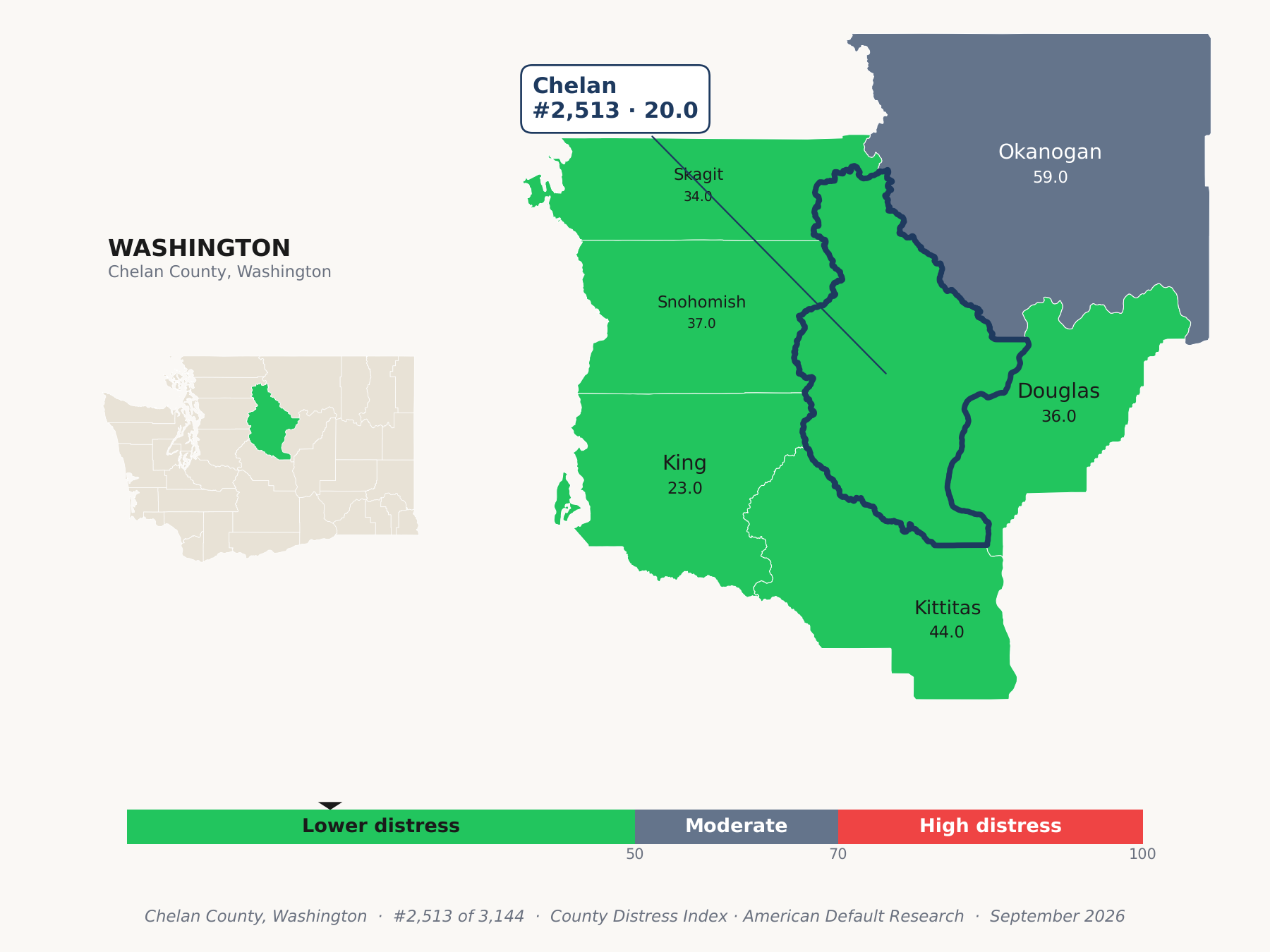 County Distress Index cluster map. Chelan County, Washington and its neighbors colored by county distress score label.