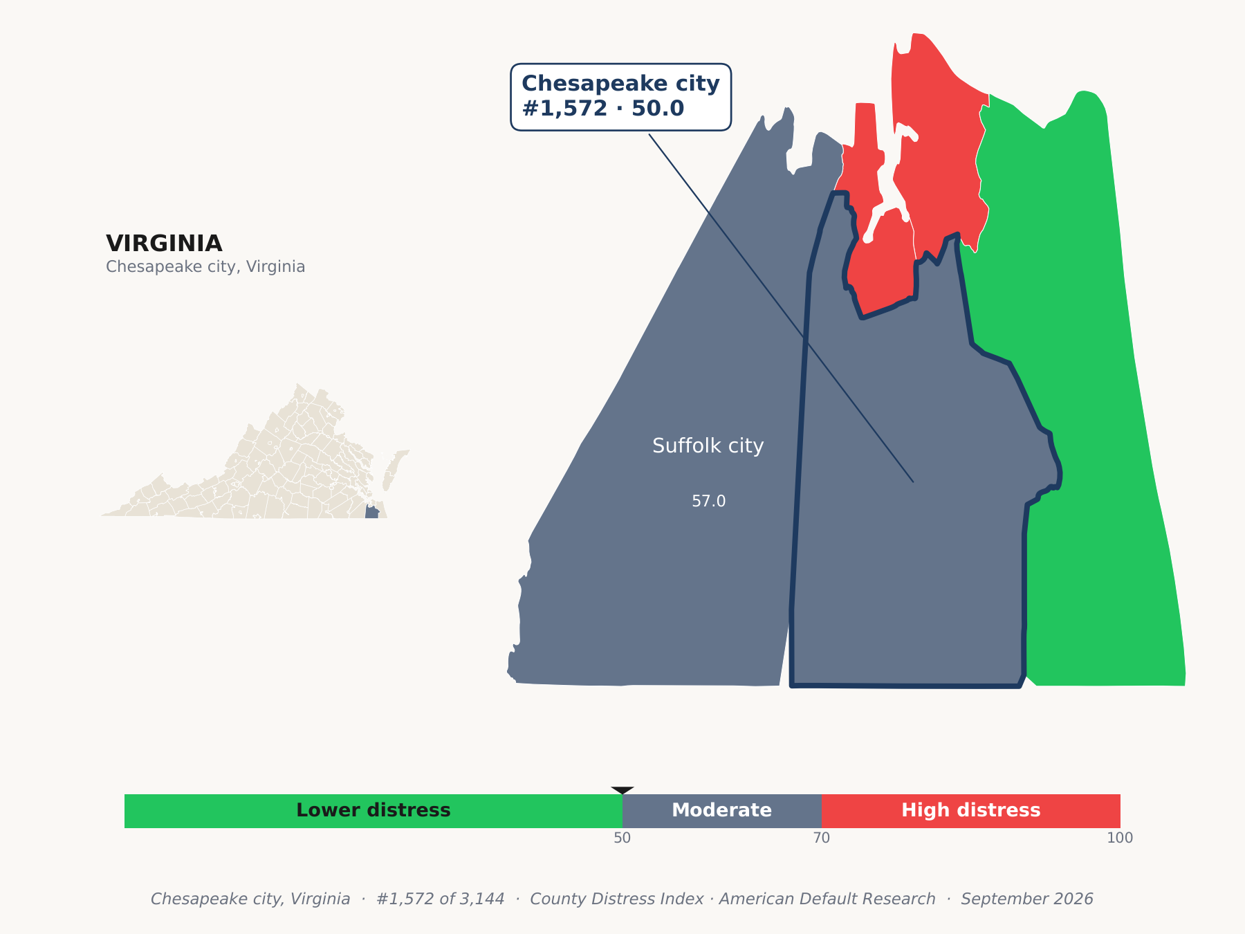 County Distress Index cluster map. Chesapeake city, Virginia and its neighbors colored by county distress score label.