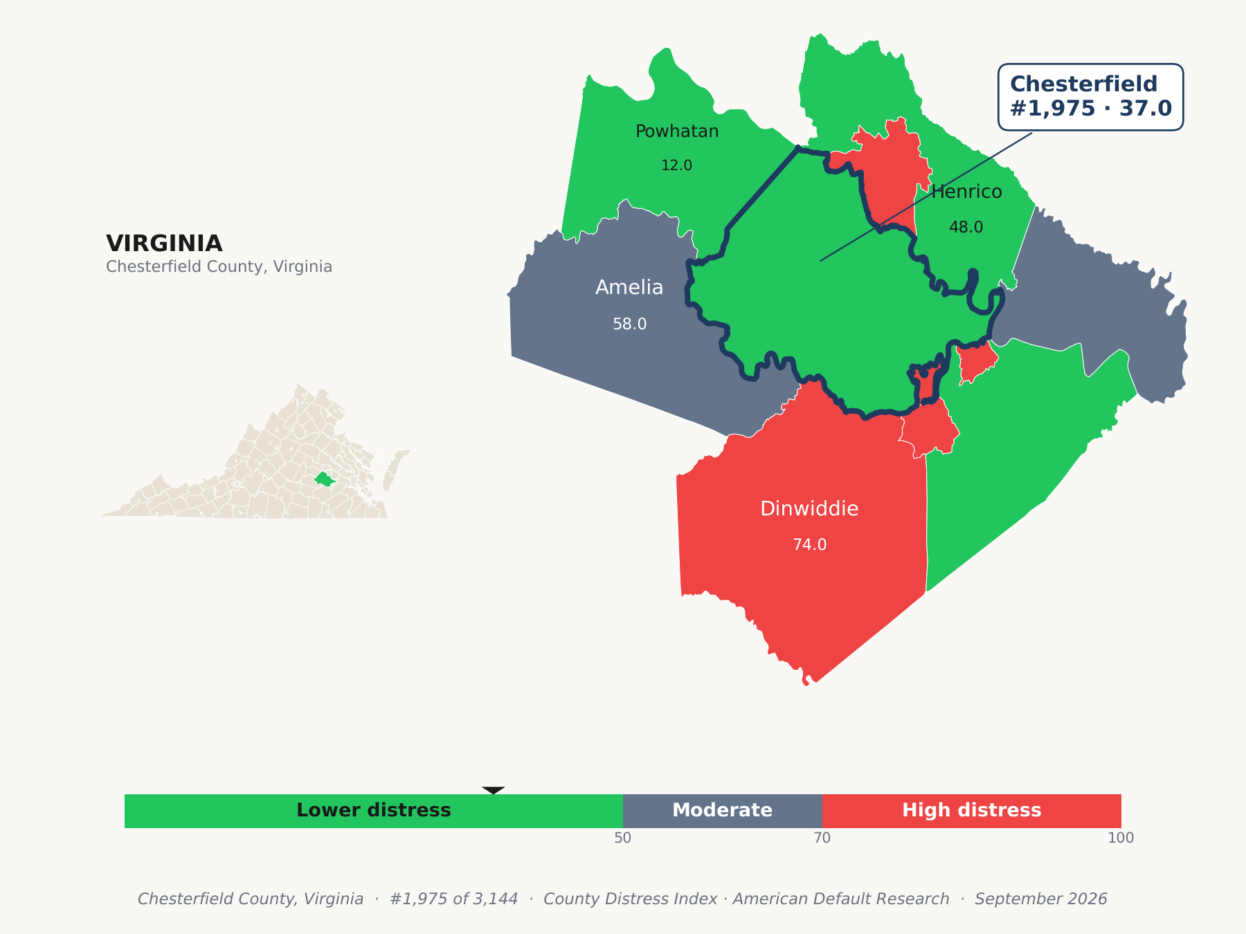 County Distress Index cluster map. Chesterfield County, Virginia and its neighbors colored by county distress score label.