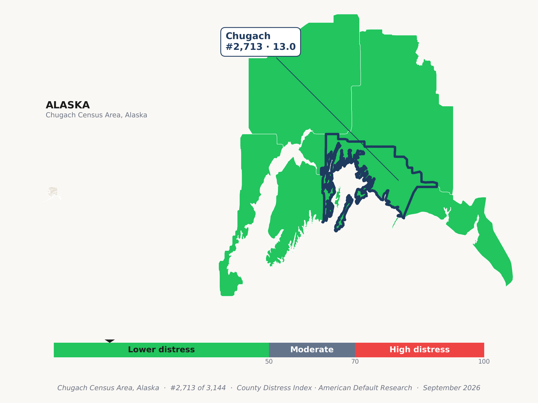 County Distress Index cluster map. Chugach Census Area, Alaska and its neighbors colored by county distress score label.