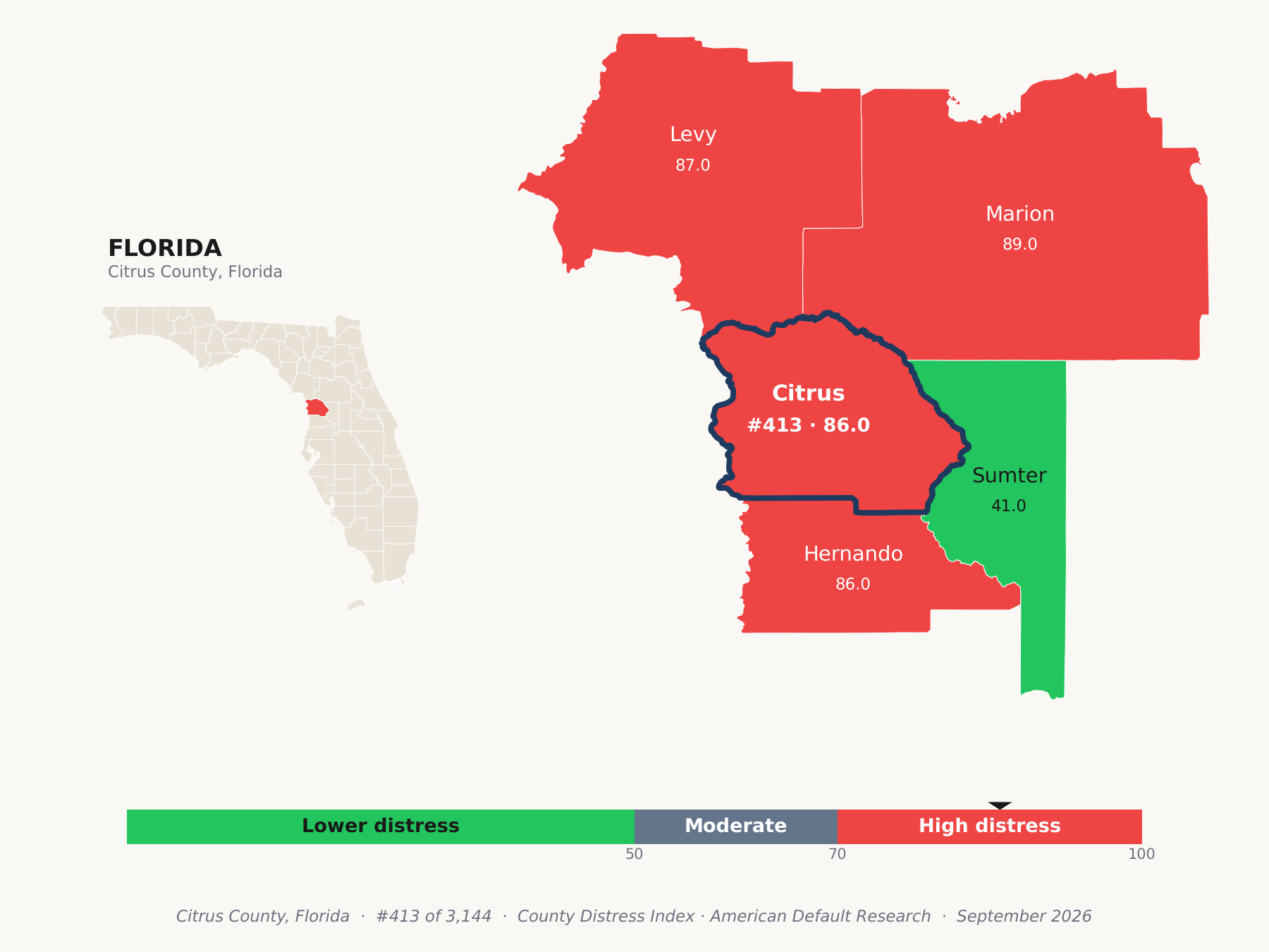 County Distress Index cluster map. Citrus County, Florida and its neighbors colored by county distress score label.