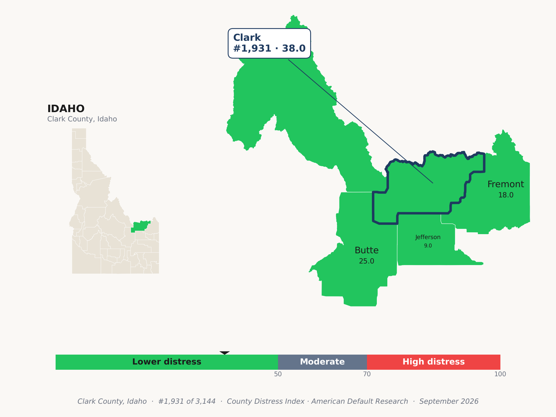 County Distress Index cluster map. Clark County, Idaho and its neighbors colored by county distress score label.