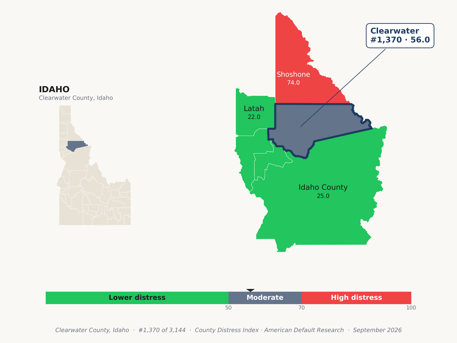 County Distress Index cluster map. Clearwater County, Idaho and its neighbors colored by county distress score label.