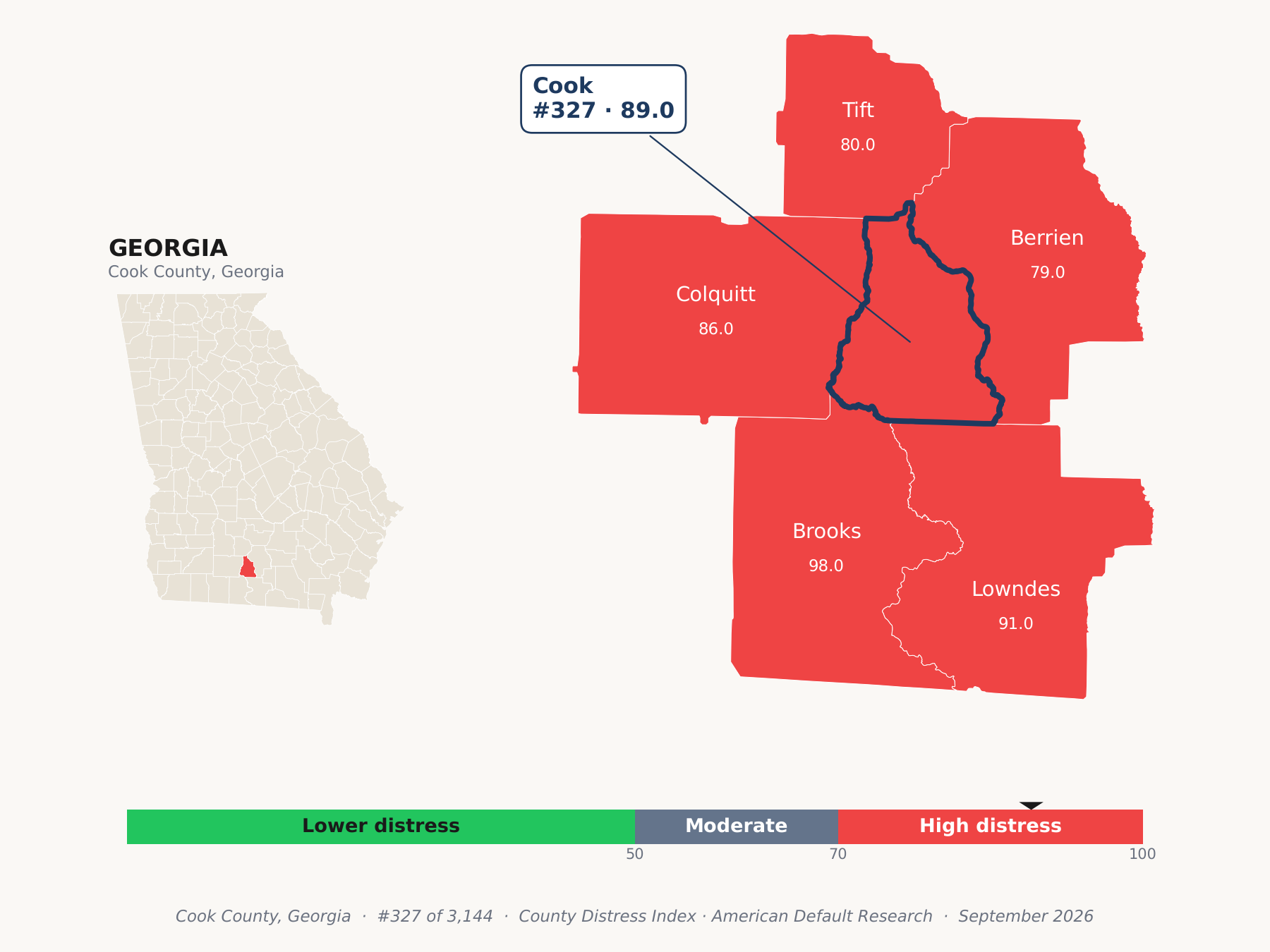County Distress Index cluster map. Cook County, Georgia and its neighbors colored by county distress score label.