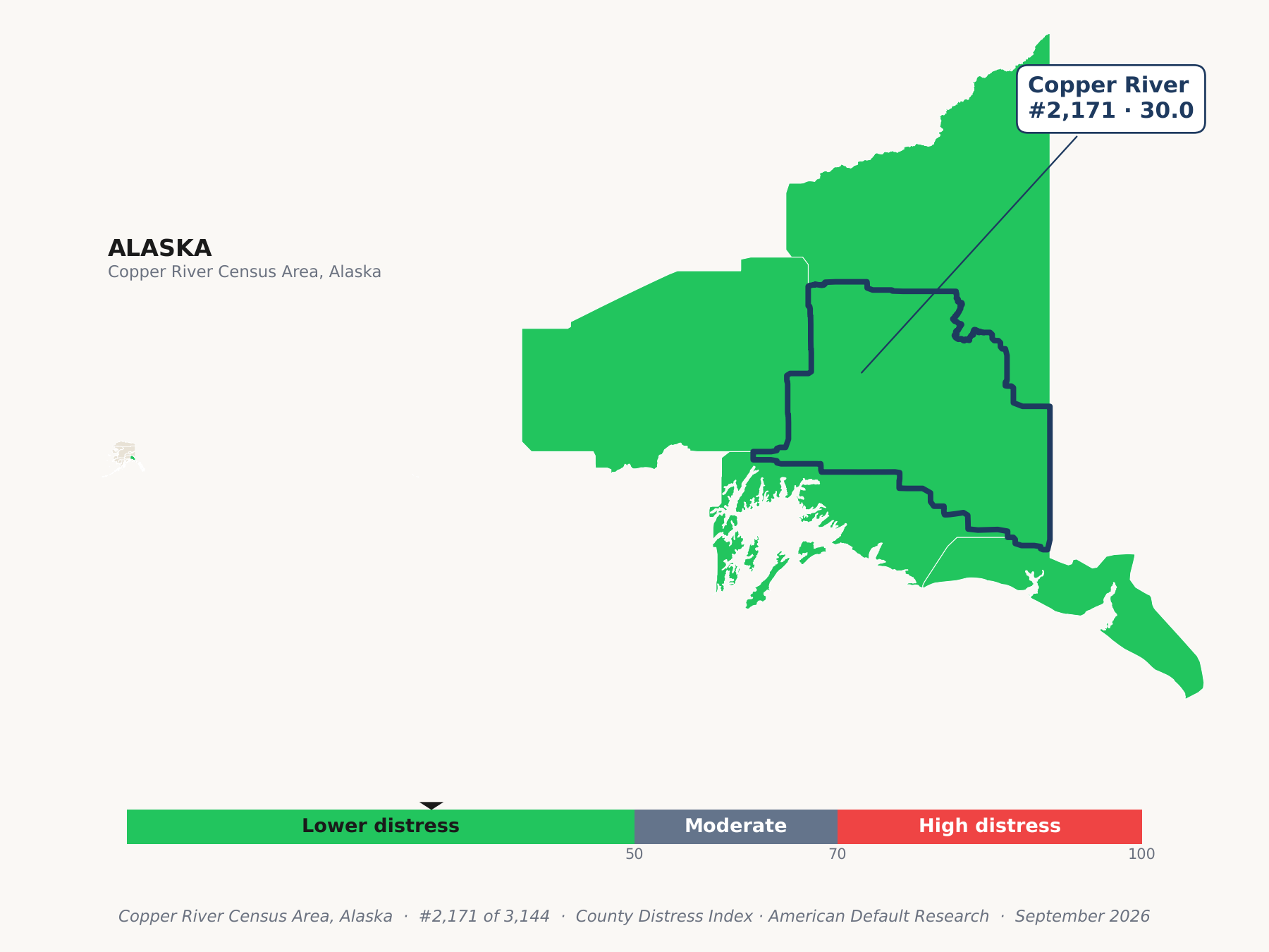 County Distress Index cluster map. Copper River Census Area, Alaska and its neighbors colored by county distress score label.