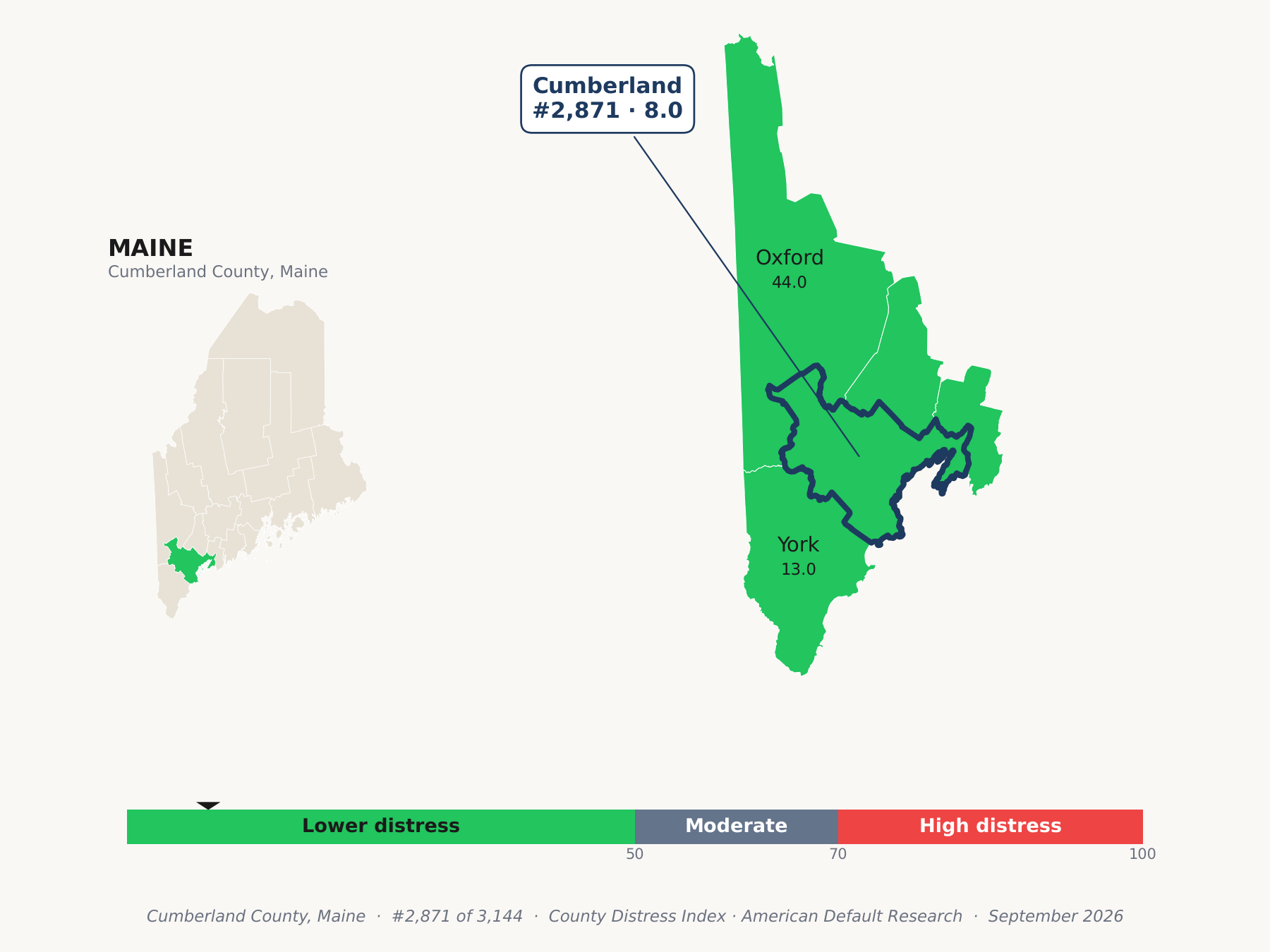 County Distress Index cluster map. Cumberland County, Maine and its neighbors colored by county distress score label.