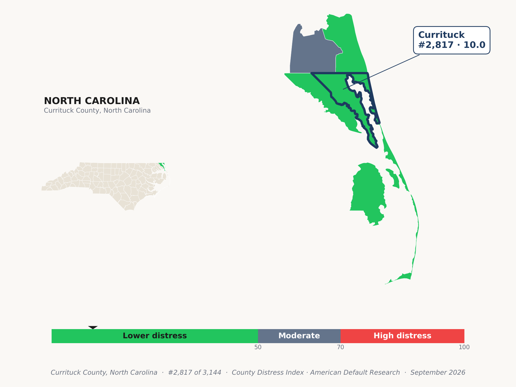 County Distress Index cluster map. Currituck County, North Carolina and its neighbors colored by county distress score label.