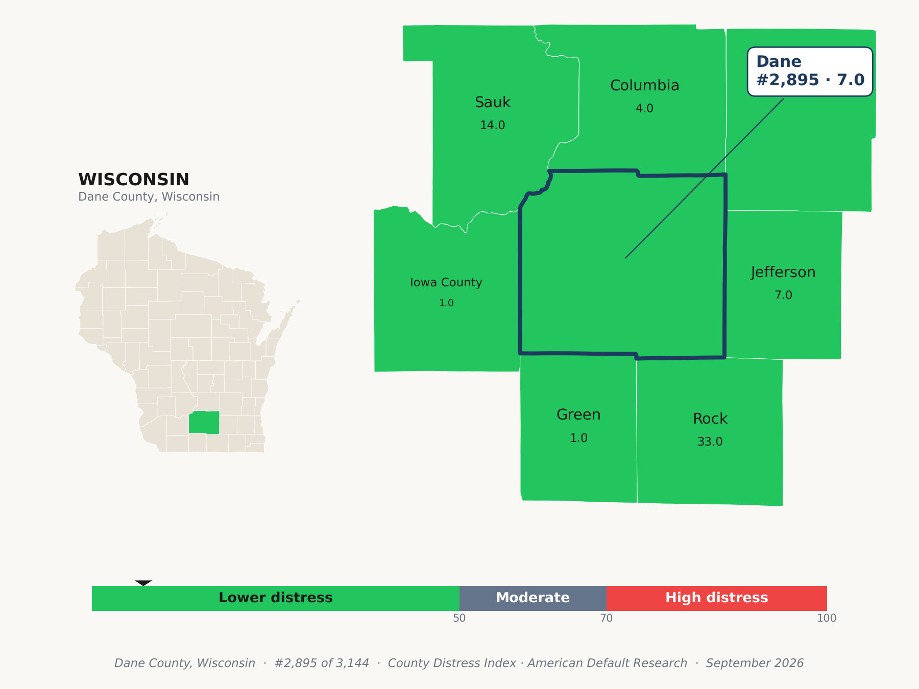 County Distress Index cluster map. Dane County, Wisconsin and its neighbors colored by county distress score label.