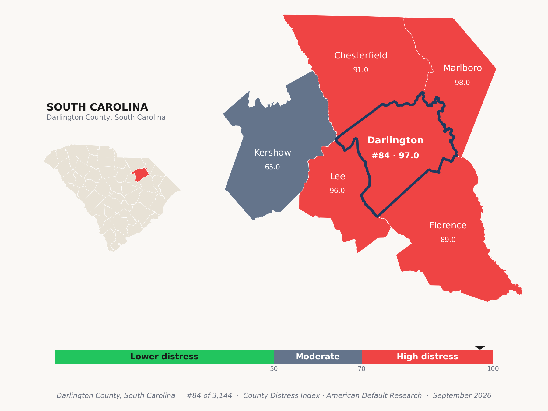 County Distress Index cluster map. Darlington County, South Carolina and its neighbors colored by county distress score label.