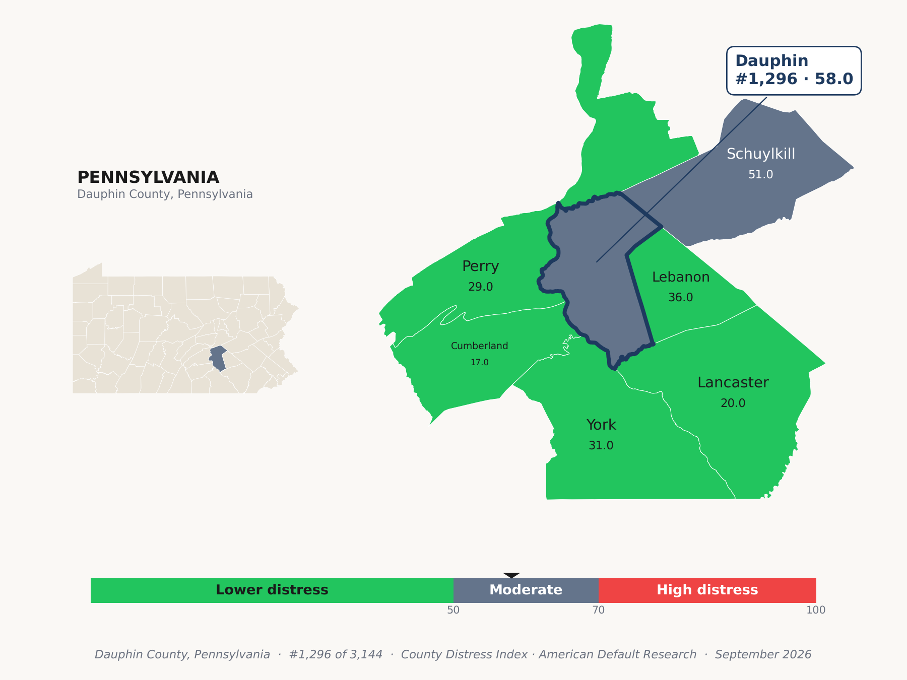 County Distress Index cluster map. Dauphin County, Pennsylvania and its neighbors colored by county distress score label.