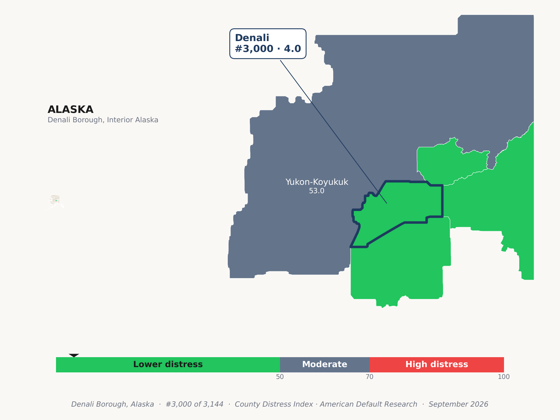 County Distress Index cluster map. Denali Borough, Alaska and its neighbors colored by county distress score label.