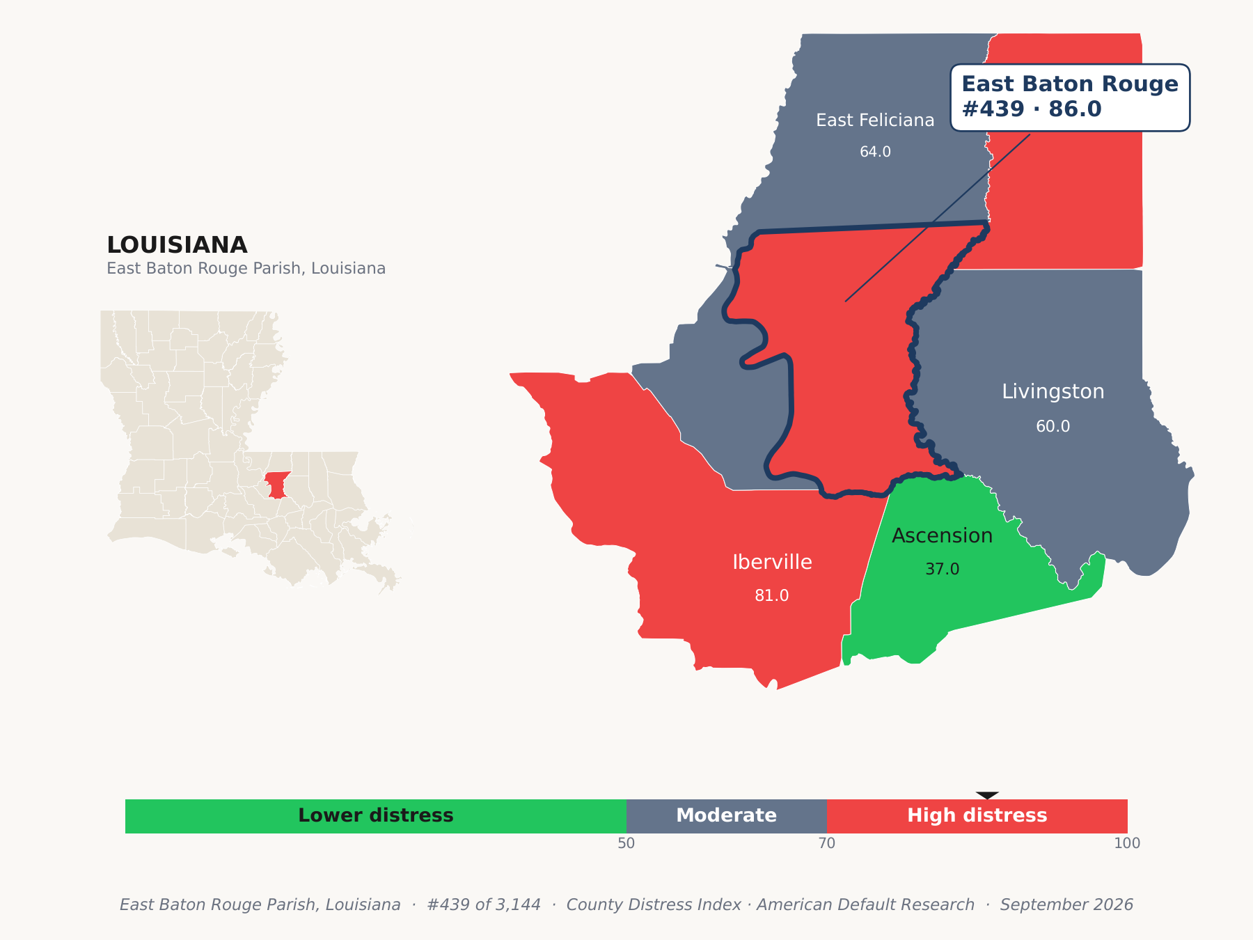 County Distress Index cluster map. East Baton Rouge Parish, Louisiana and its neighbors colored by county distress score label.