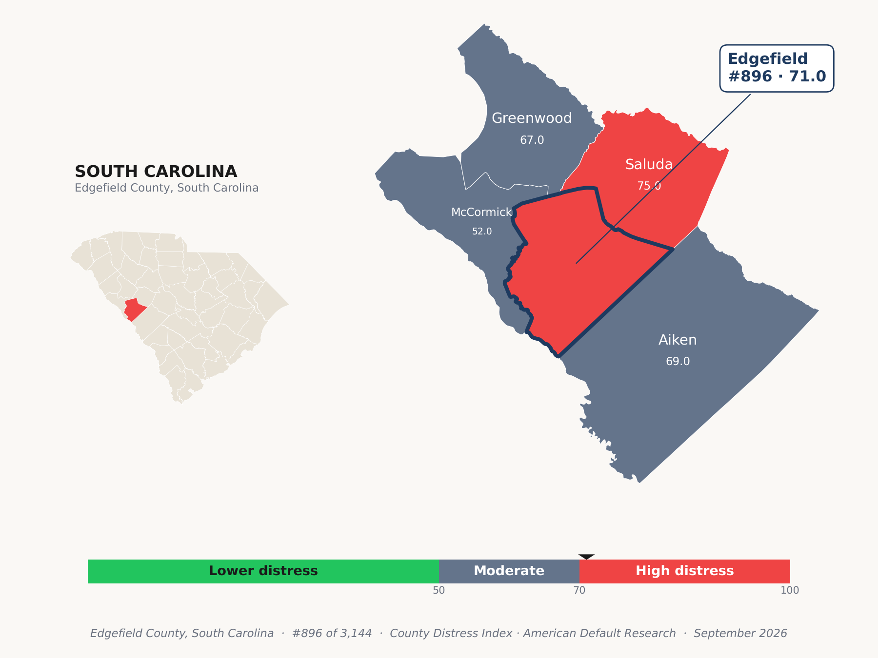 County Distress Index cluster map. Edgefield County, South Carolina and its neighbors colored by county distress score label.