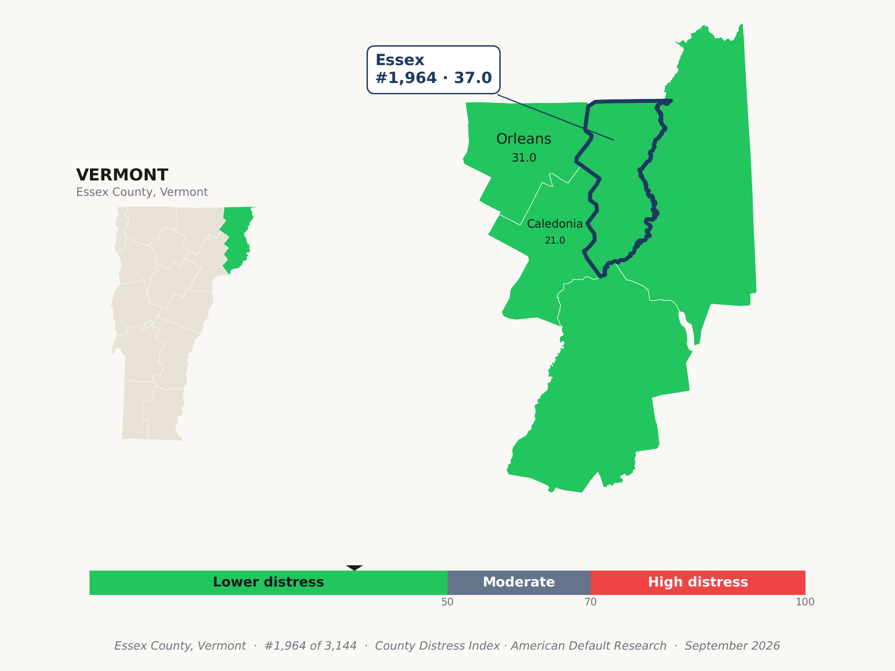 County Distress Index cluster map. Essex County, Vermont and its neighbors colored by county distress score label.
