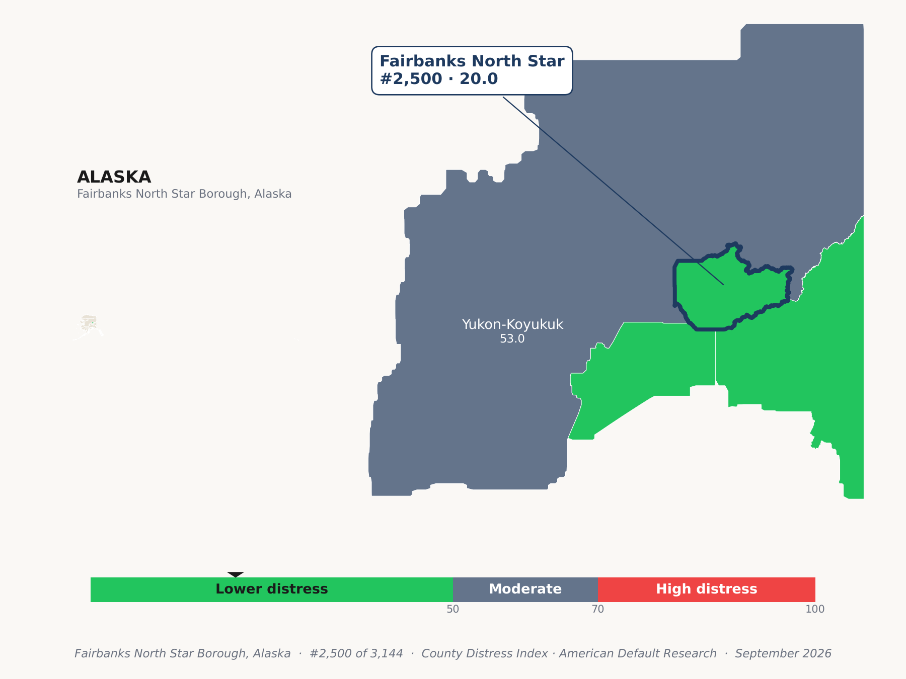 County Distress Index cluster map. Fairbanks North Star Borough, Alaska and its neighbors colored by county distress score label.