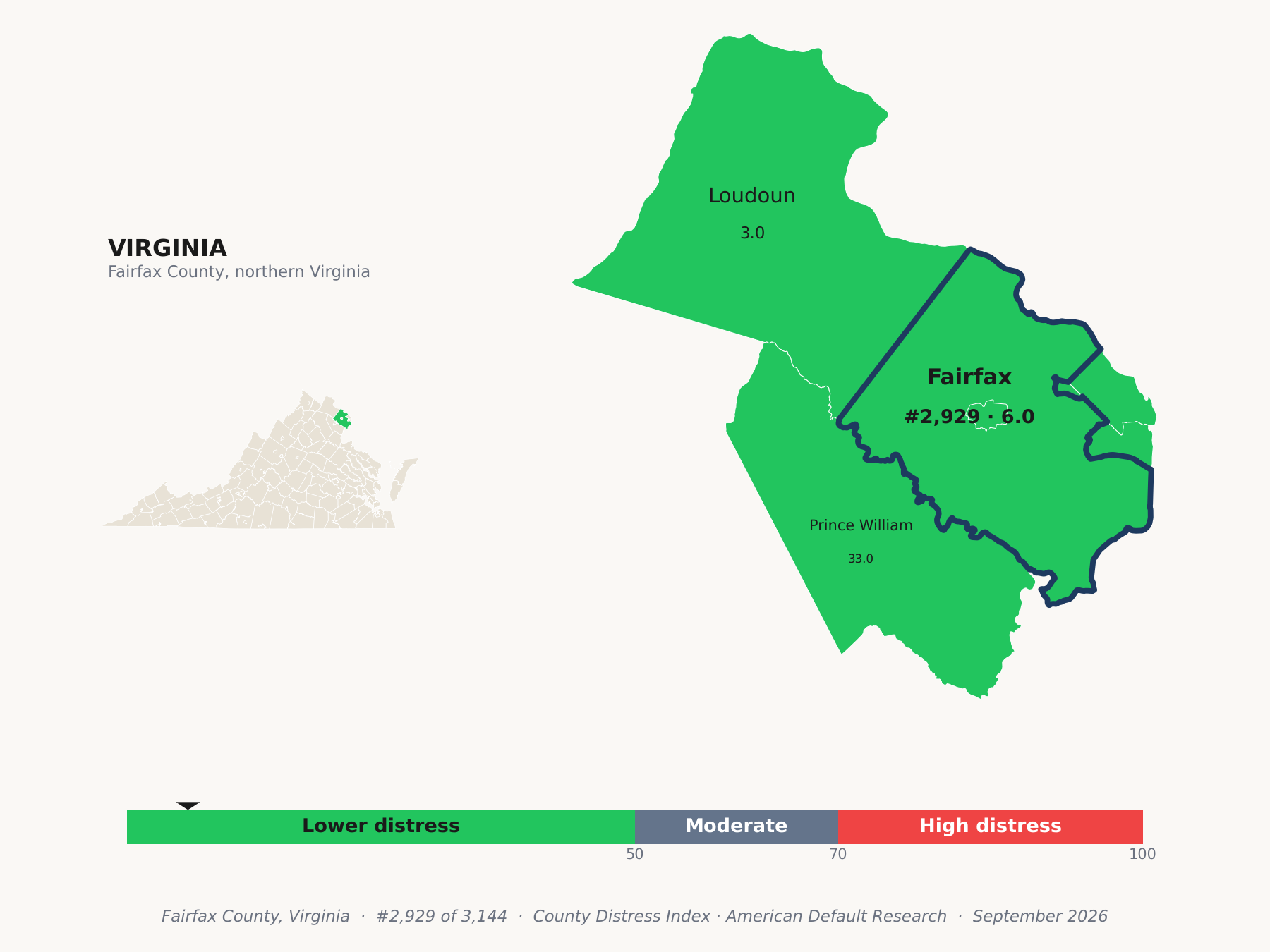 County Distress Index cluster map. Fairfax County, Virginia and its neighbors colored by county distress score label.