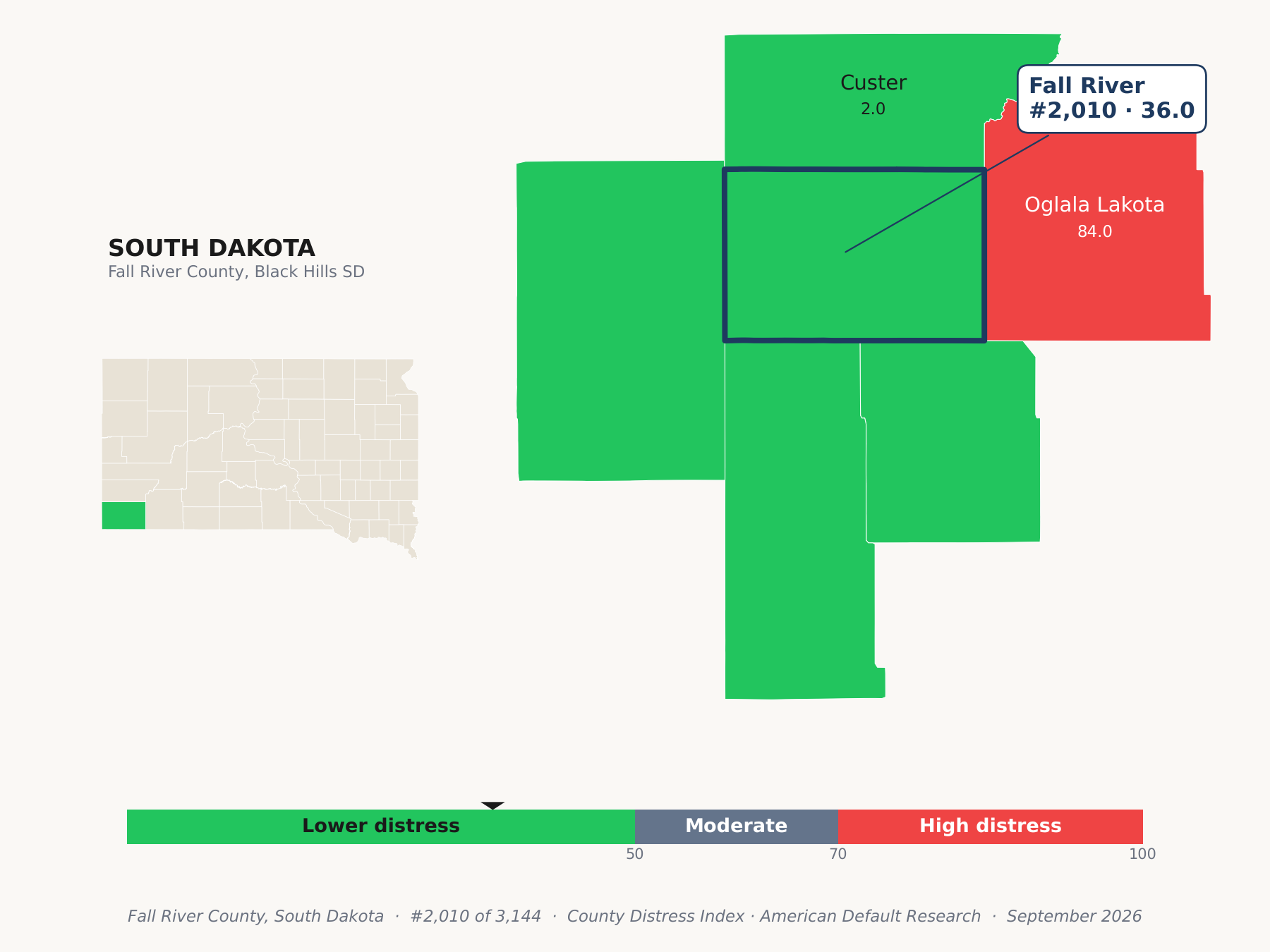 County Distress Index cluster map. Fall River County, South Dakota and its neighbors colored by county distress score label.